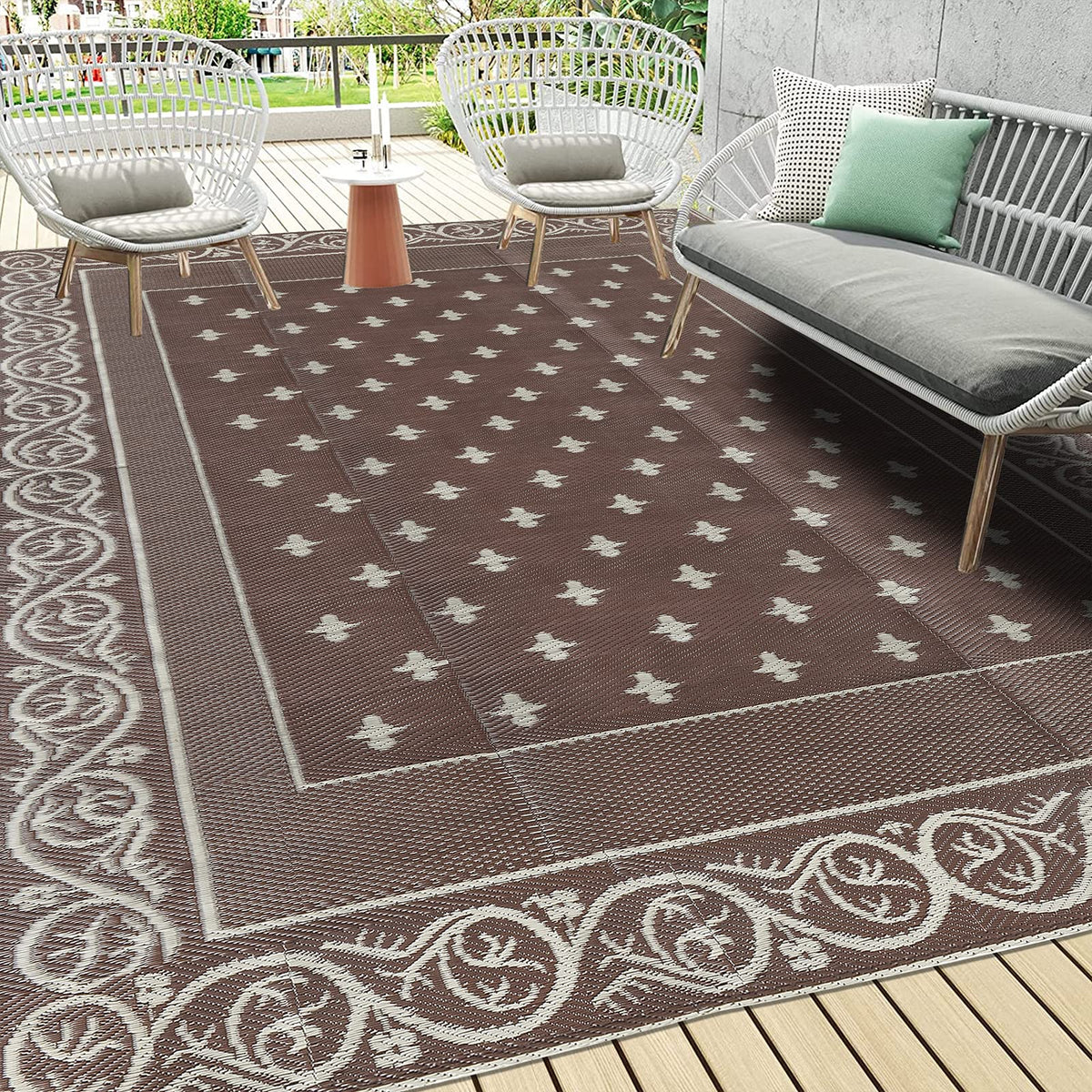 Pauwer Waterproof Outdoor Rug 5x8, Plastic Straw Patio Rug, Leaf Brown