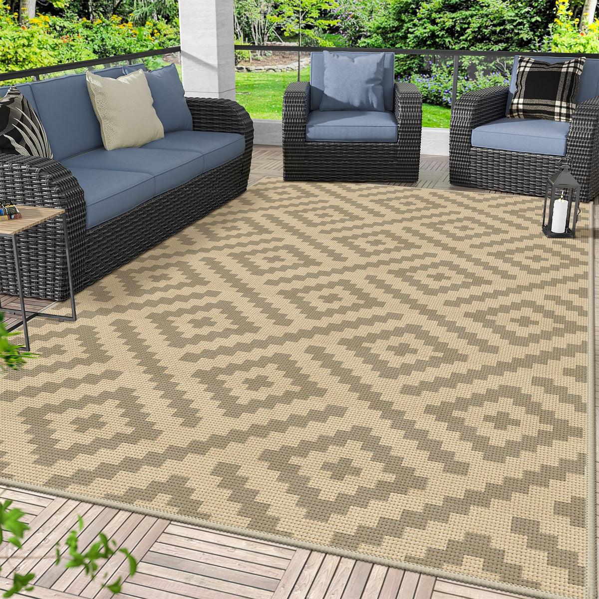 GENIMO Outdoor Rug, Waterproof Plastic Rugs for Patio, 5'x8' Black Grey
