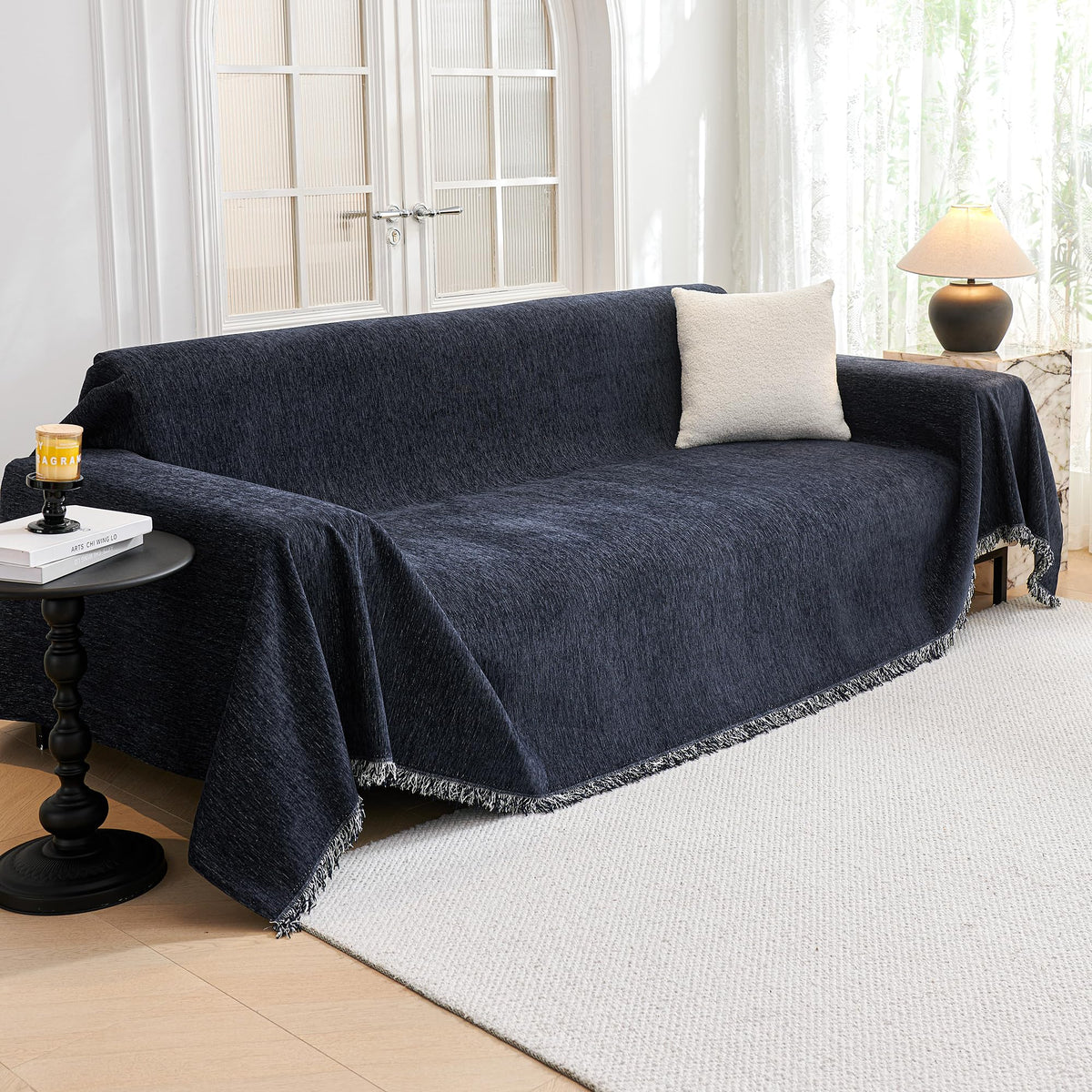 MYSKY HOME Couch Cover for Dogs, Washable Couch Covers, Non Slip Sofa Cover, Couch Cover 2 Cushion Sofa Dogs Furniture Protector with Tassels, Chenille Sofa Slipcover for Pets, 71"x118", Dark Grey