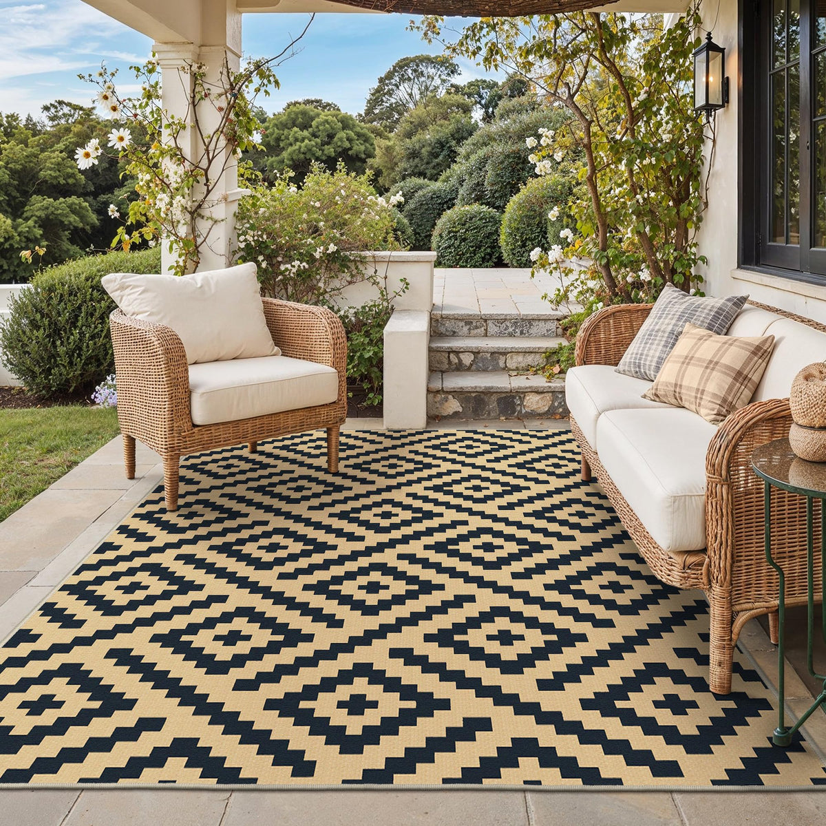 GENIMO Outdoor Rug, Waterproof Plastic Rugs for Patio, 5'x8' Black Grey