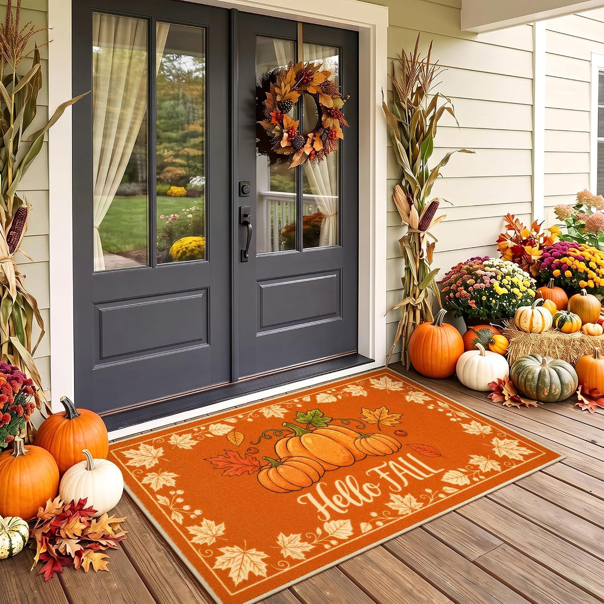 Fall Front Door Mat 3'x5', Hello Pumpkin Welcome Mat for Porch Rugs