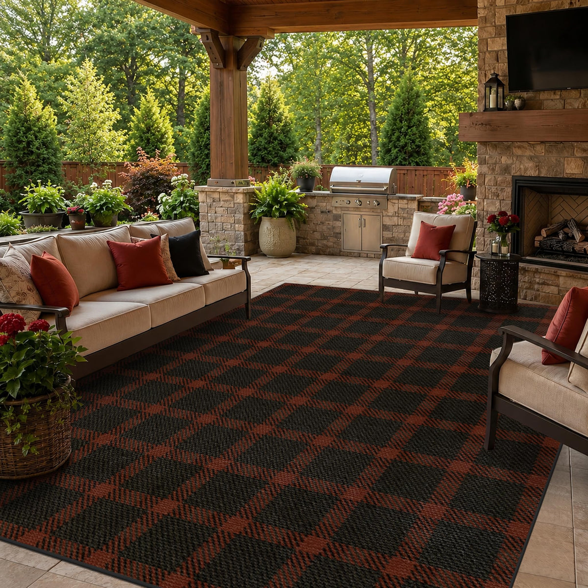 JTJ Easy Jute 3x5 Outdoor Rug for Front Porch, Washable Sage Green Plaid
