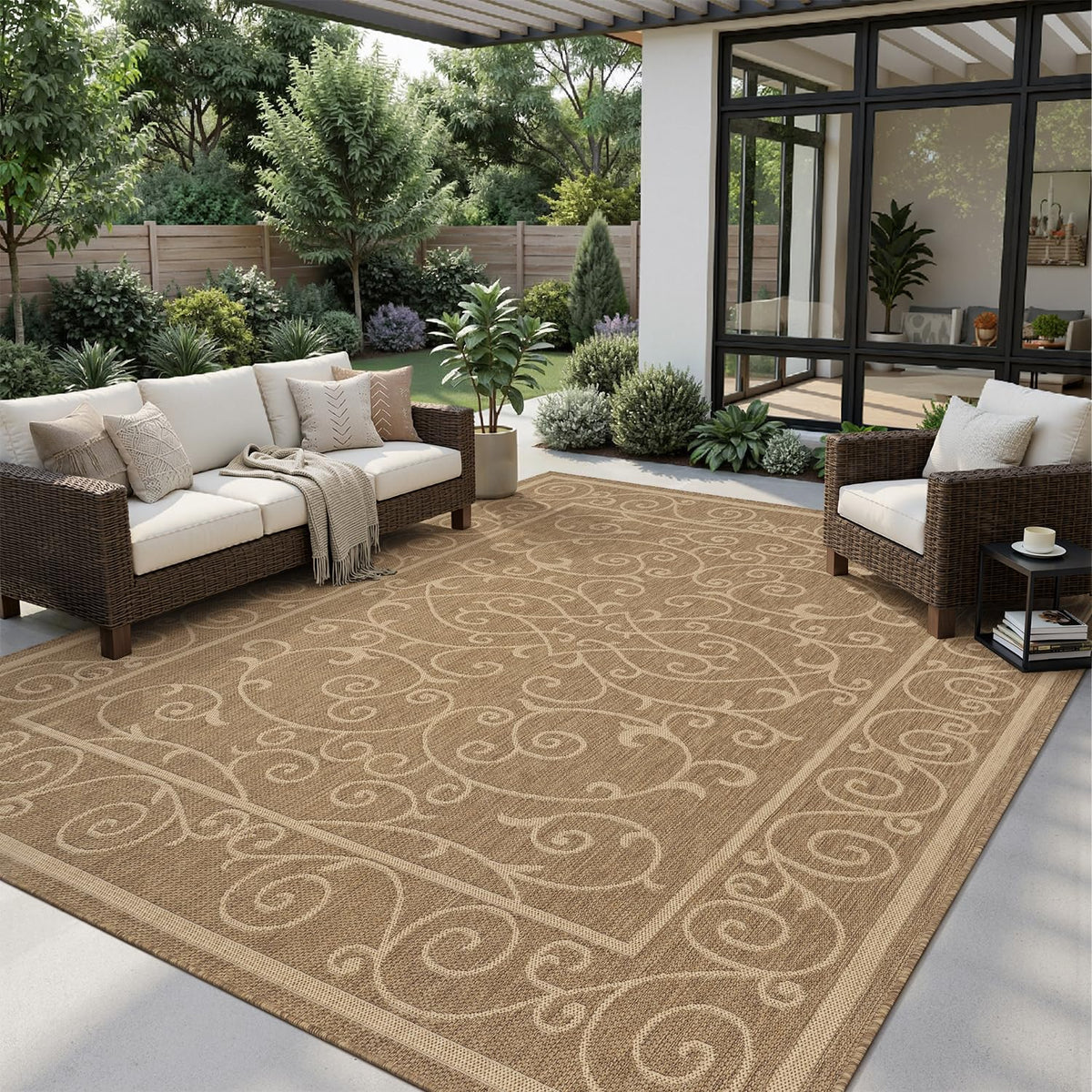 MontVoo-Outdoor Rug-Patio Rug 5x7 ft Polypropylene Indoor Outdoor Rugs Outdoor Carpet for Patio Deck Balcony Porch, Textured Weave, Durable for High Traffic, Fade-Resistant, Modern Neutral Brown