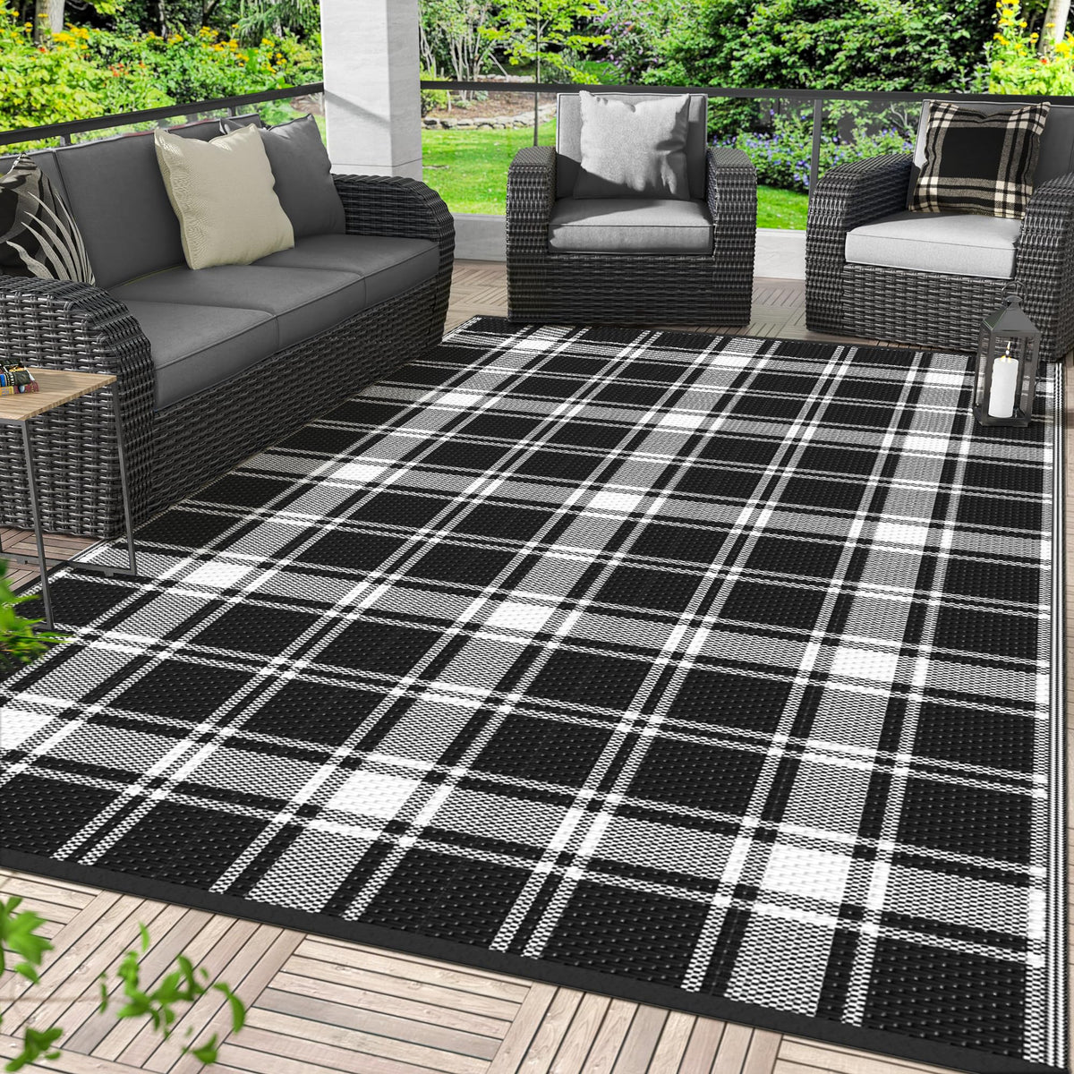 GENIMO Outdoor Rug, Waterproof Plastic Rugs for Patio, 5'x8' Black Grey