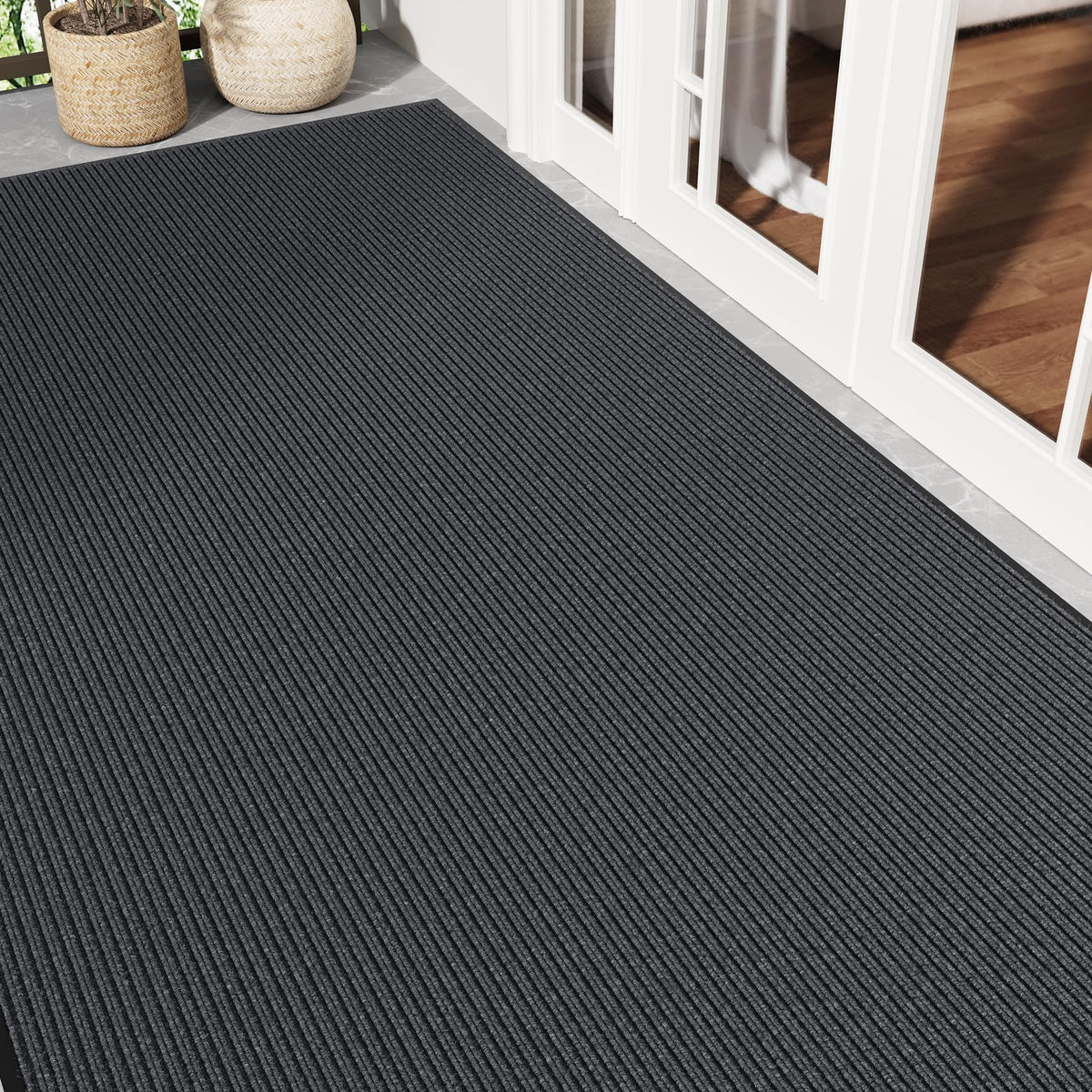 Front Door Mat, 3' x 5' Heavy Duty Door Mat Outside Entrance, Non-Slip Welcome Mat, Absorbent & Dirt Resistant, Low Profile Large Door Mats, Commercial Rugs for Entryway Indoor Outdoor, Grey