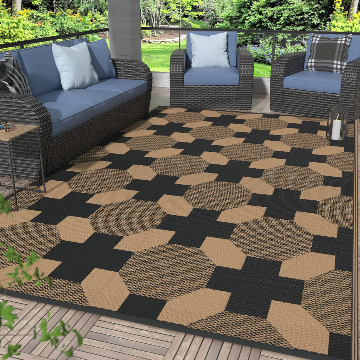 GENIMO Outdoor Rug, Waterproof Plastic Rugs for Patio, 5'x8' Black Grey
