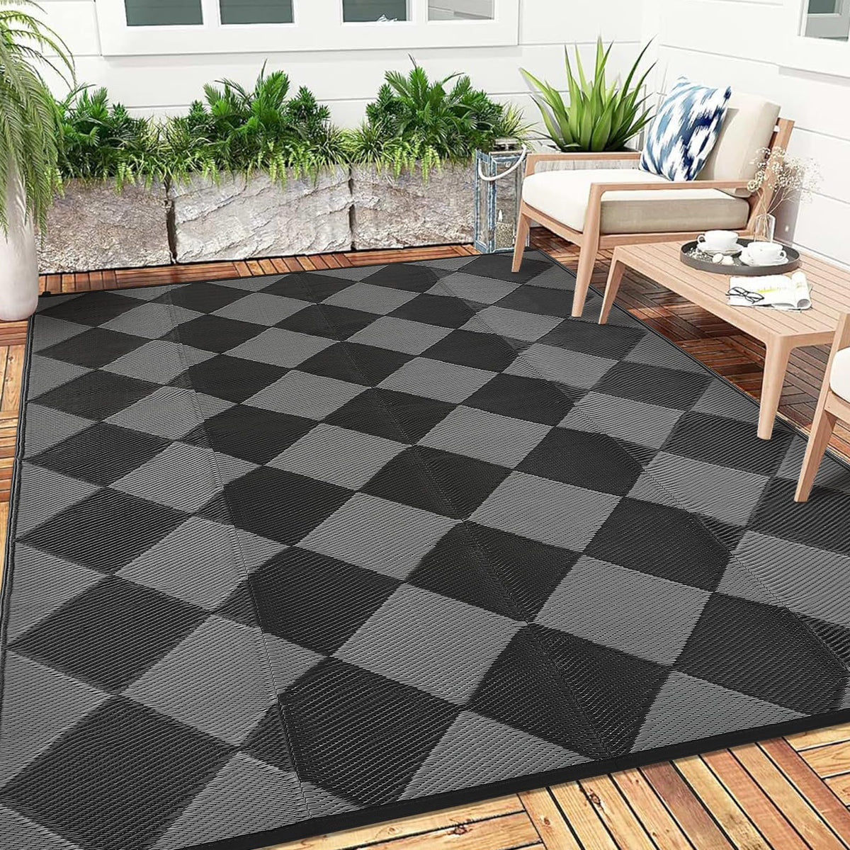 Garvee 9x12 Outdoor Patio Rug Plastic Straw Rug Waterproof Panel Grey Brown