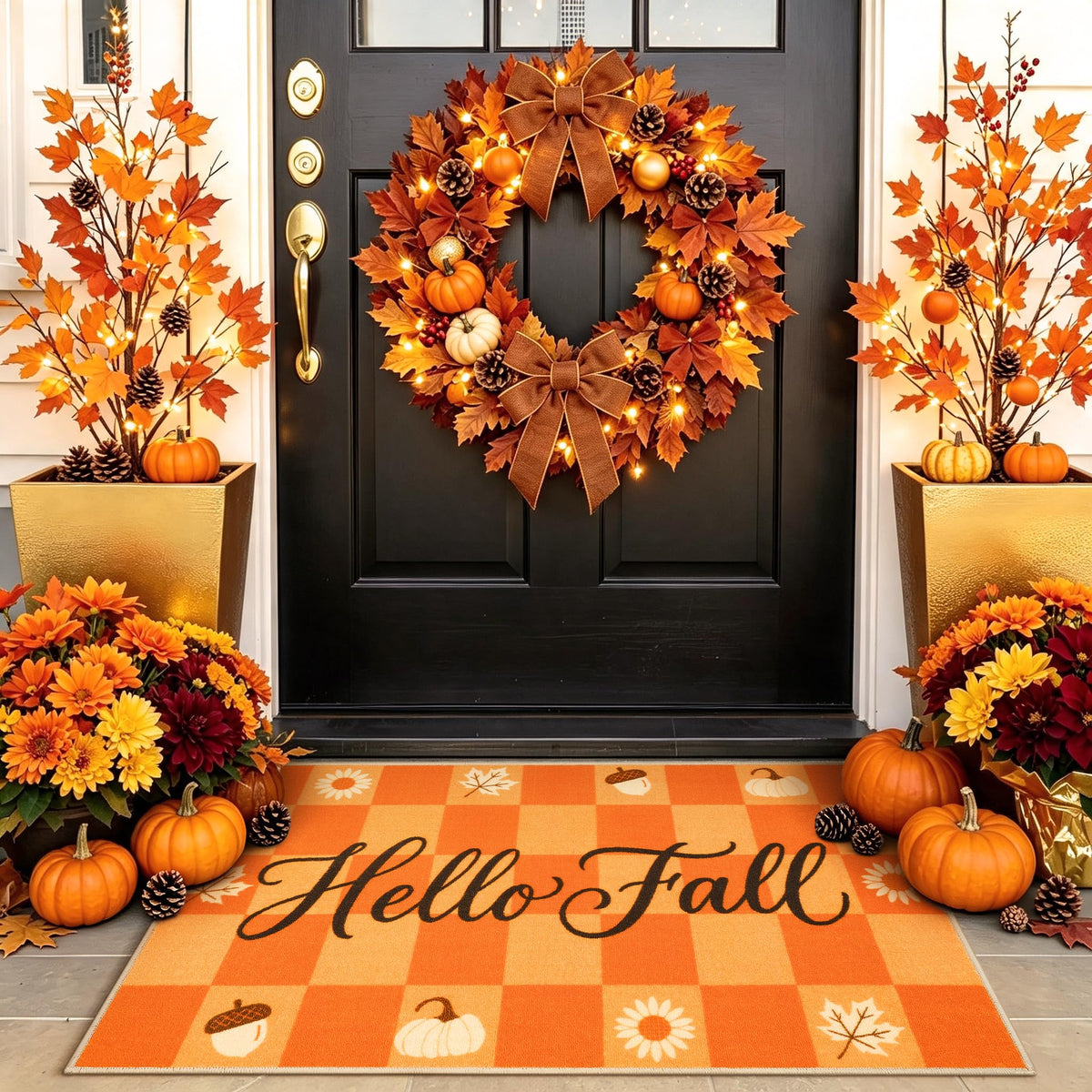 Fall Front Door Mat 3'x5', Hello Pumpkin Welcome Mat for Porch Rugs