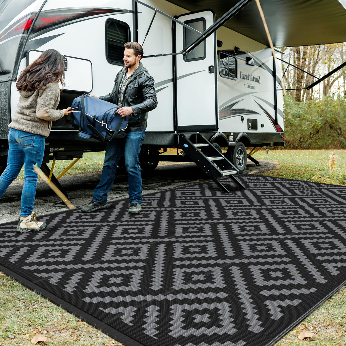 GENIMO Outdoor Rug, Waterproof Plastic Rugs for Patio, 5'x8' Black Grey