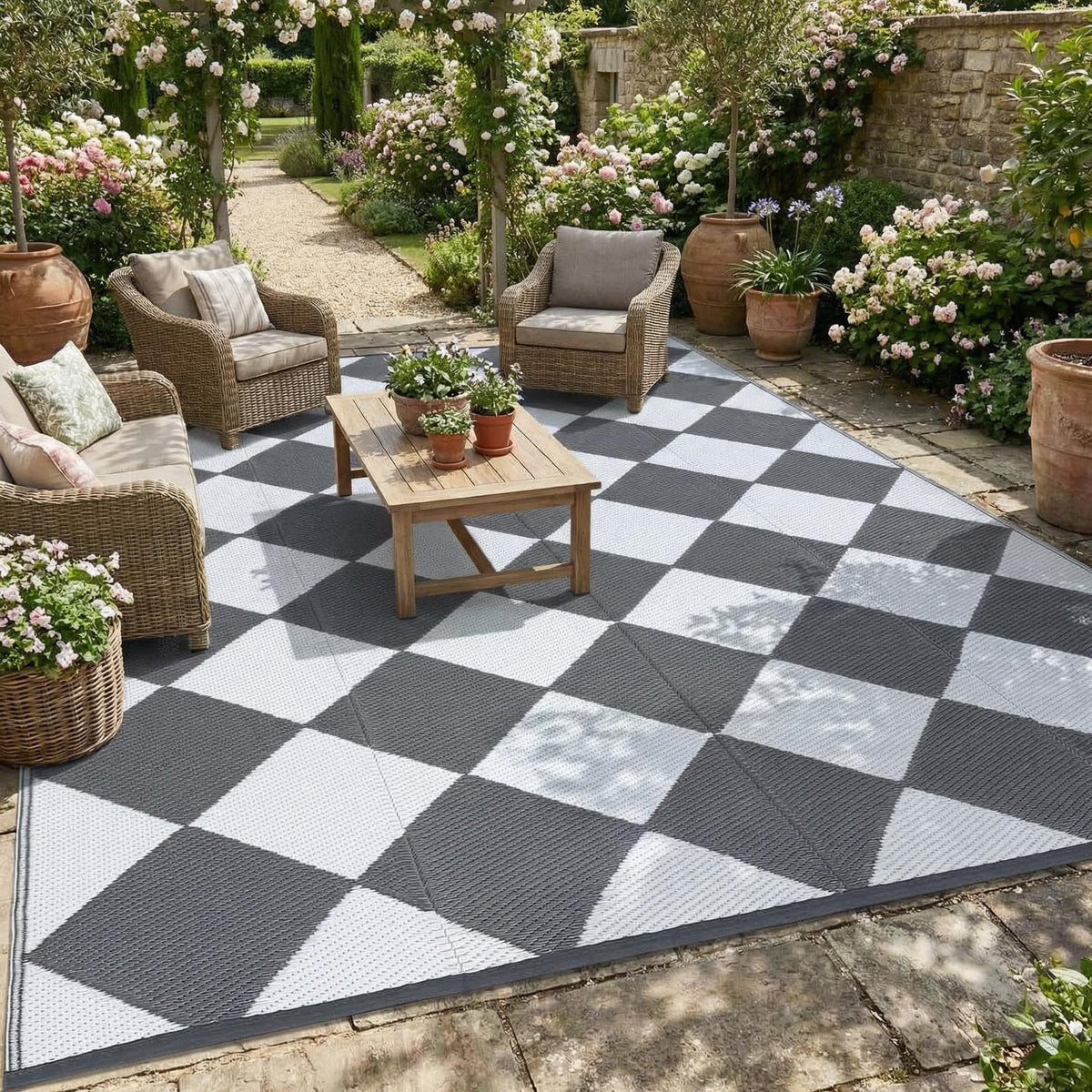 Garvee 9x12 Outdoor Patio Rug Plastic Straw Rug Waterproof Panel Grey Brown