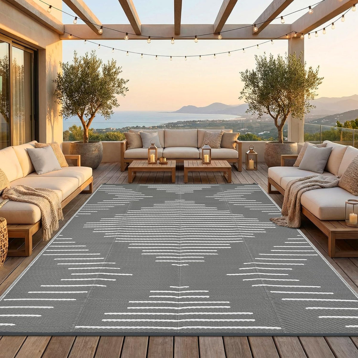 Garvee 10x14 Outdoor Rugs Waterproof for Patio Grey White