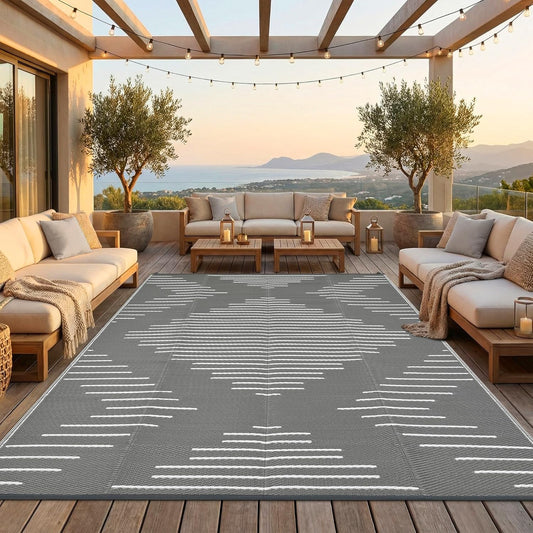 Garvee 10x14 Outdoor Rugs Waterproof for Patio Grey White