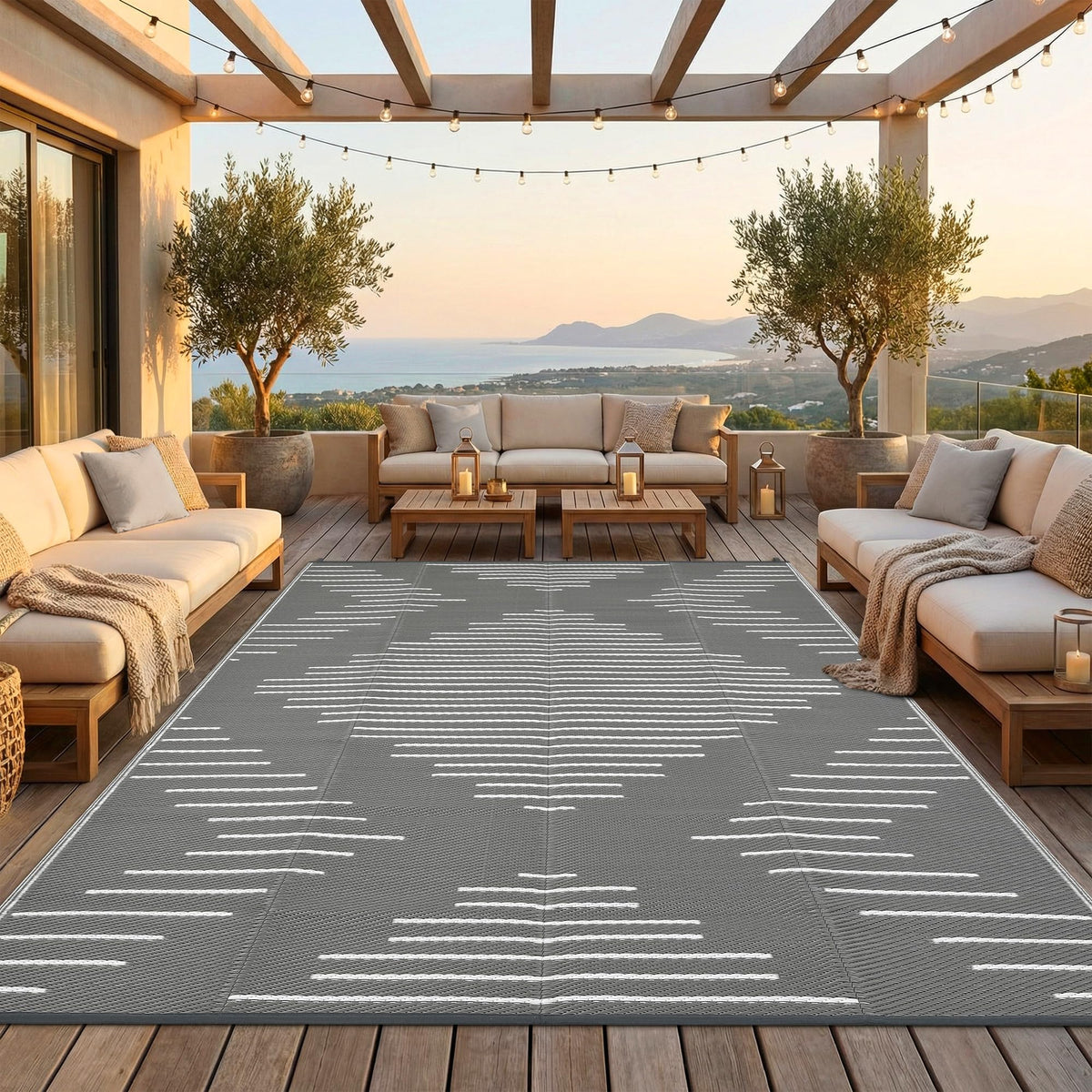 Garvee 10x14 Outdoor Rugs Waterproof for Patio Grey White