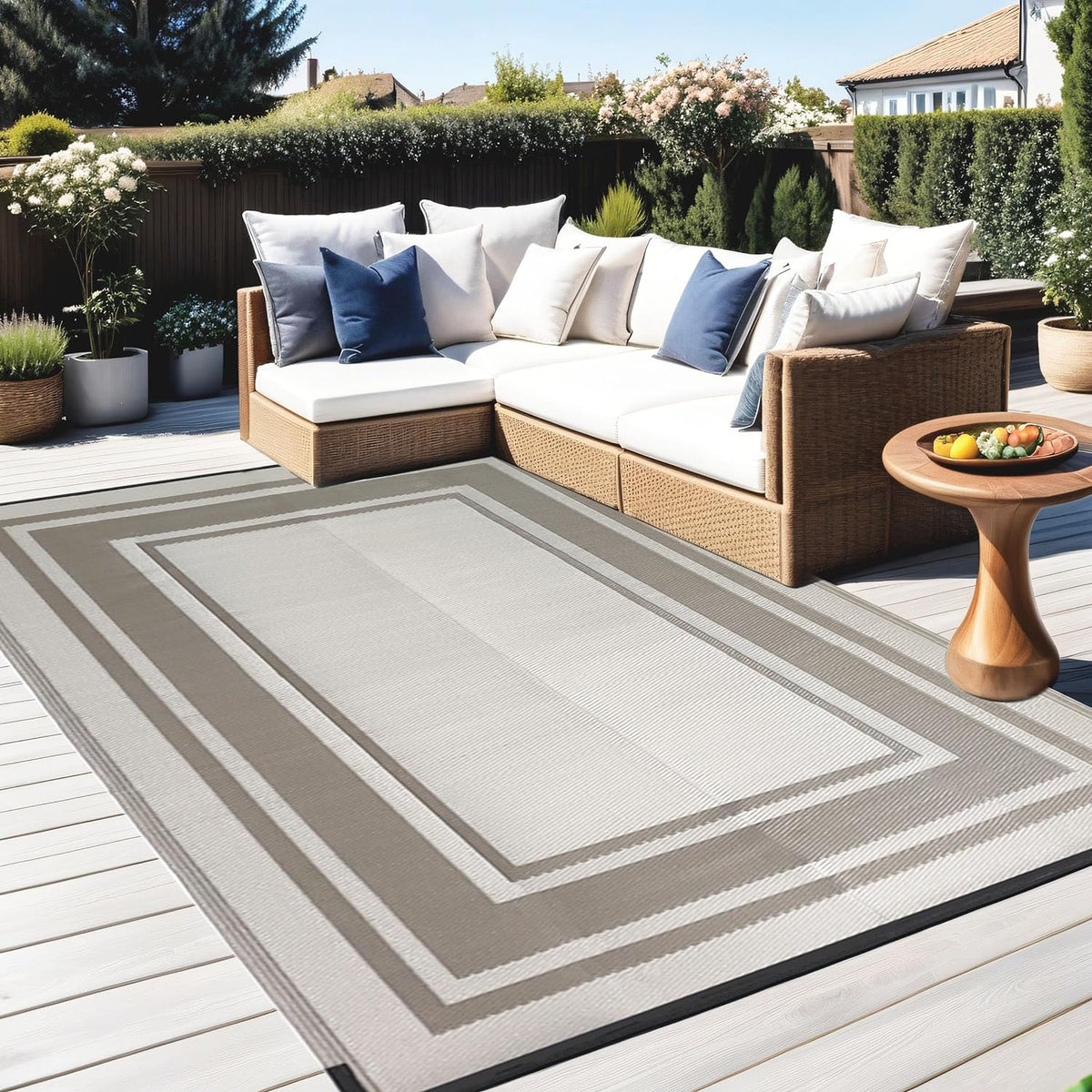 RURALITY Outdoor Rugs 8'x10' Waterproof for Patios Clearance,Plastic Straw Mats for RV, Camping,Backyard,Porch,Deck,Balcony,Reversible,Geometric