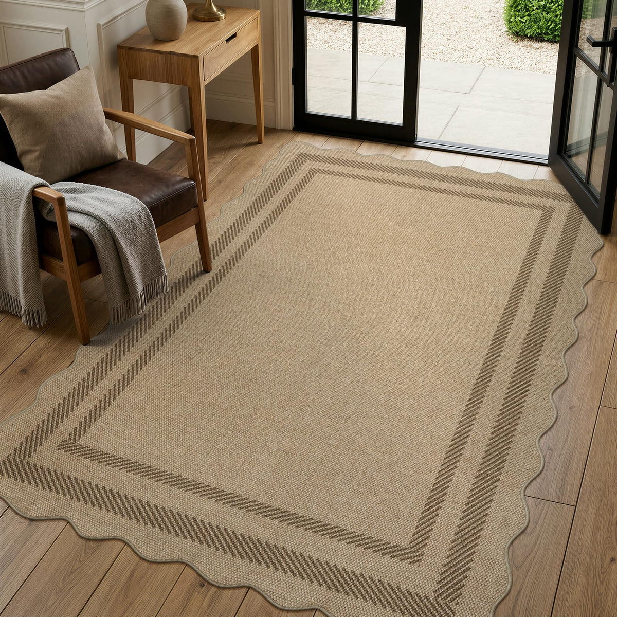 LIVEBOX Scalloped Easy Jute 3x5 Outdoor Rug, Washable Non-Slip Geometric Tan Rugs for Entryway, Indoor Outdoor Farmhouse Rug Modern Carpet Door Mat Area Rug for Patio Bedroom Living Room Kitchen Porch