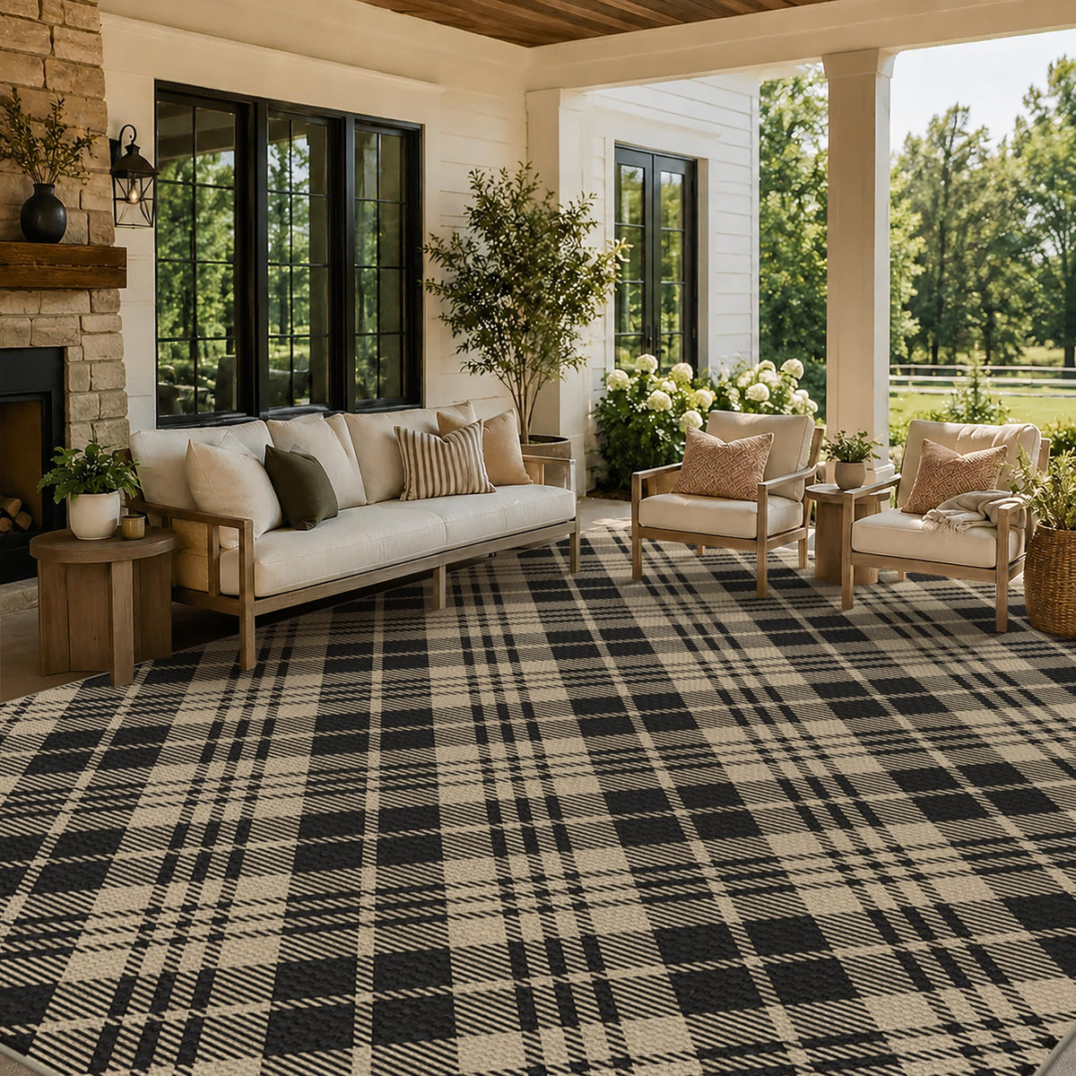 JTJ Easy Jute 3x5 Outdoor Rug for Front Porch, Washable Sage Green Plaid