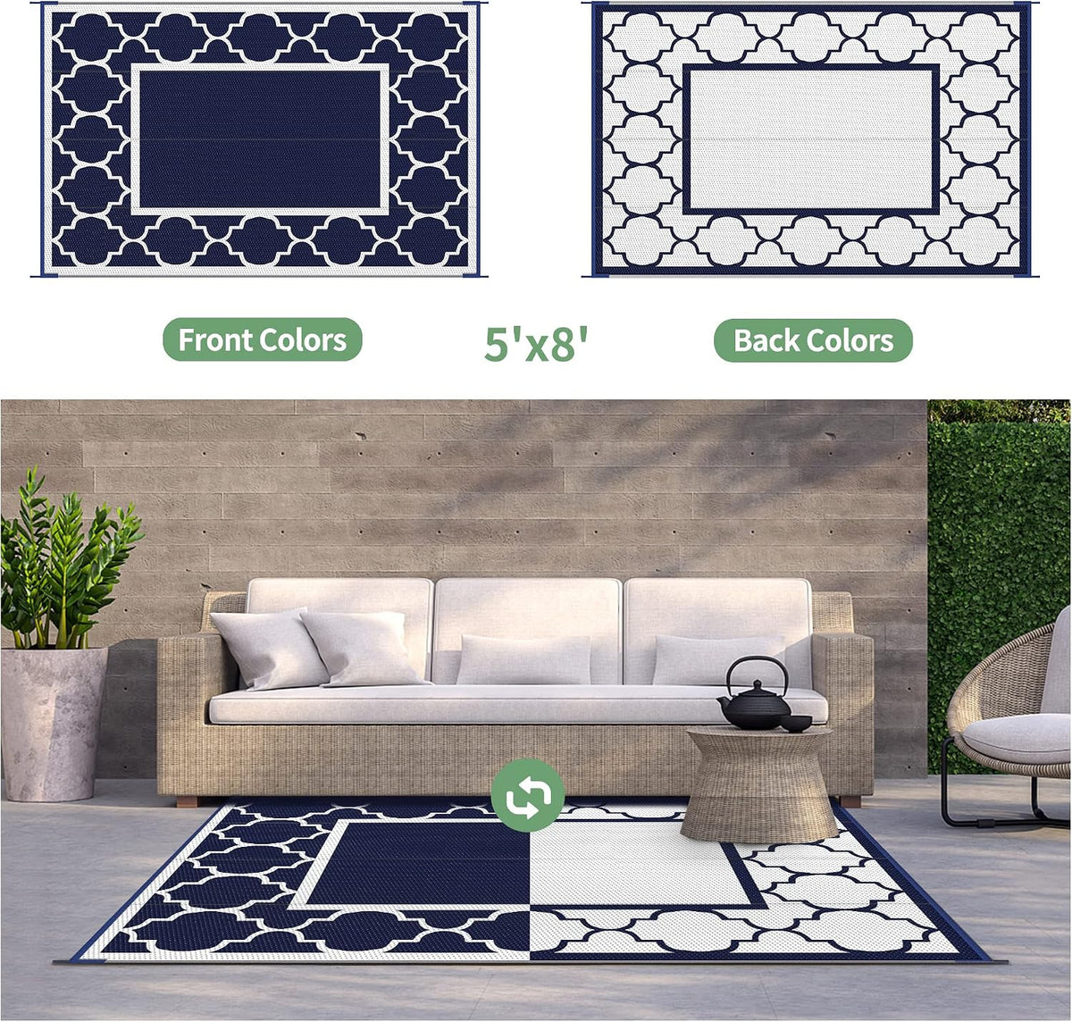 GENIMO Outdoor Rug, Waterproof Plastic Rugs for Patio, 5'x8' Blue White