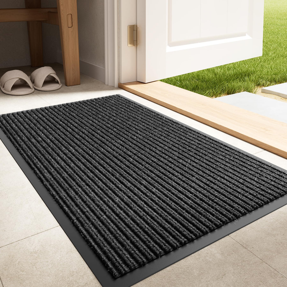 Front Door Mat, 3' x 5' Heavy Duty Door Mat Outside Entrance, Non-Slip Welcome Mat, Absorbent & Dirt Resistant, Low Profile Large Door Mats, Commercial Rugs for Entryway Indoor Outdoor, Grey