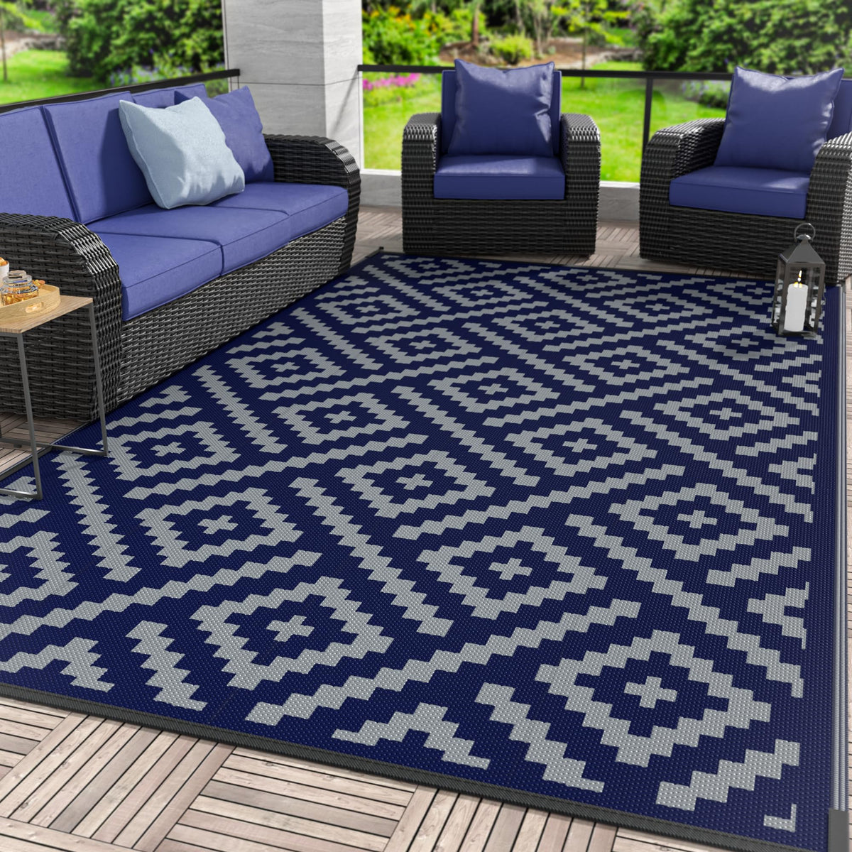GENIMO Outdoor Rug, Waterproof Plastic Rugs for Patio, 5'x8' Black Grey