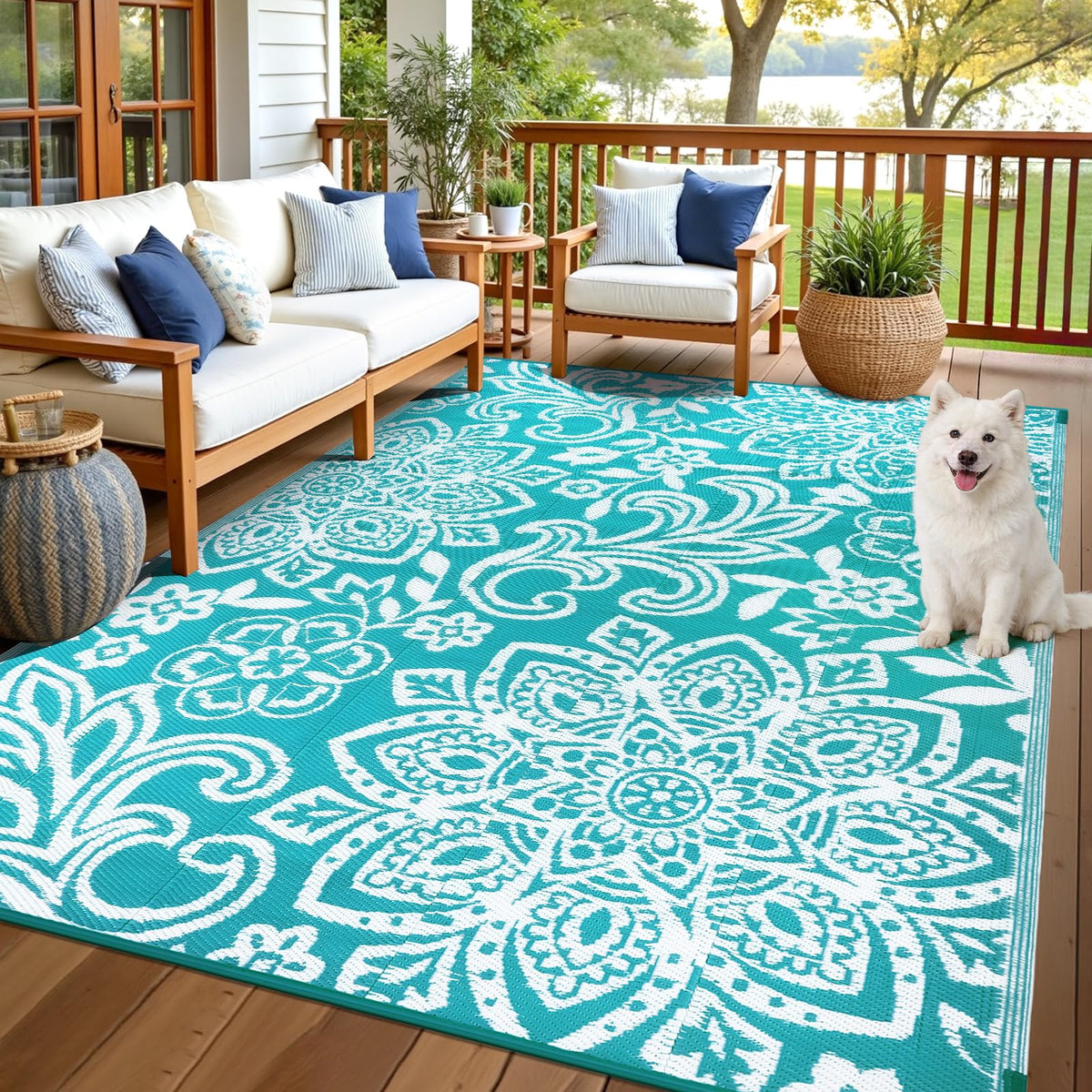 Findosom Waterproof Outdoor Rug 6' x 9' - Reversible Mandala Outdoor Plastic Straw Rug, Durable Foldable Patio Rug for RV, Deck, Balcony, Backyard, Picnic, Porch, Camping, Beach, Gray