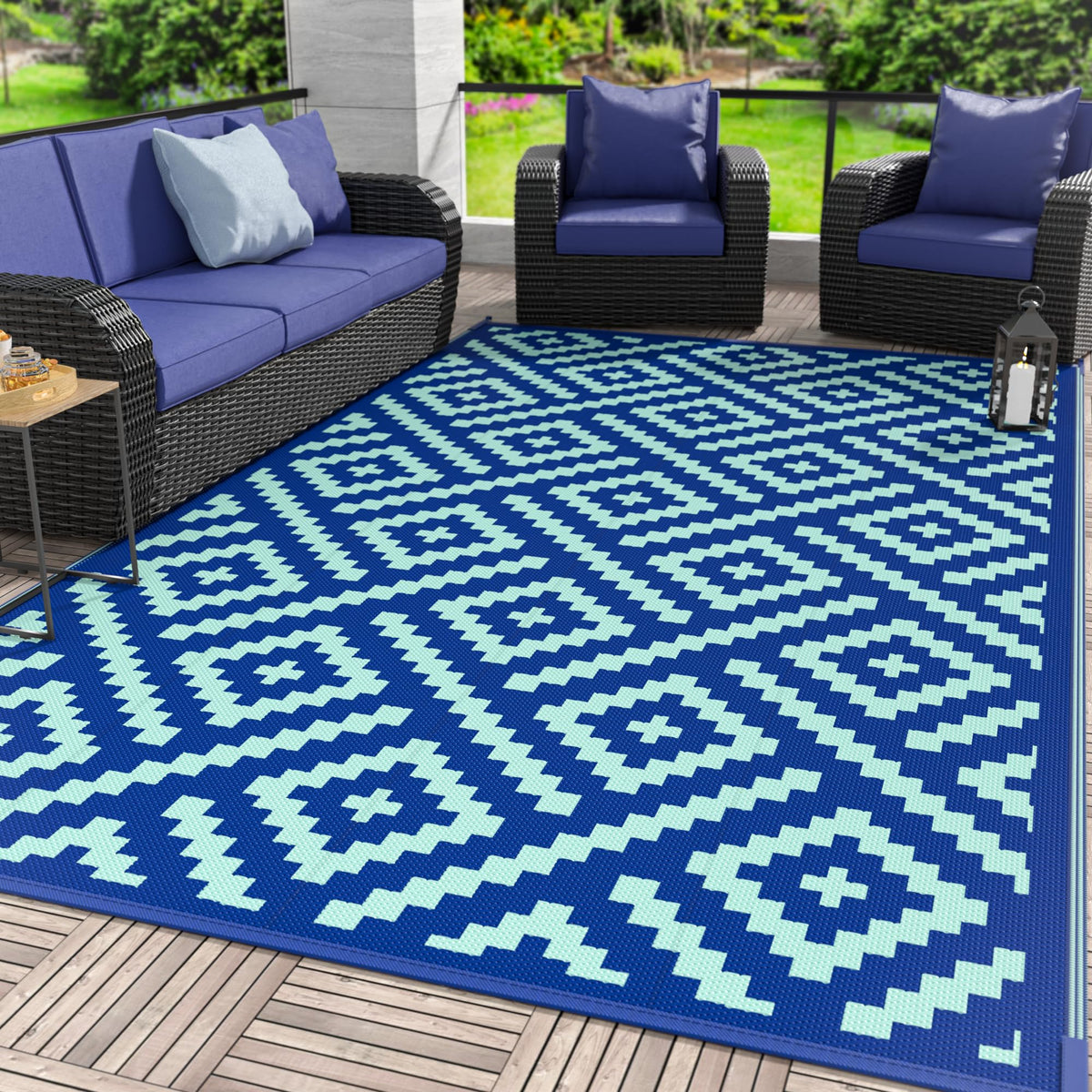 GENIMO Outdoor Rug, Waterproof Plastic Rugs for Patio, 5'x8' Black Grey