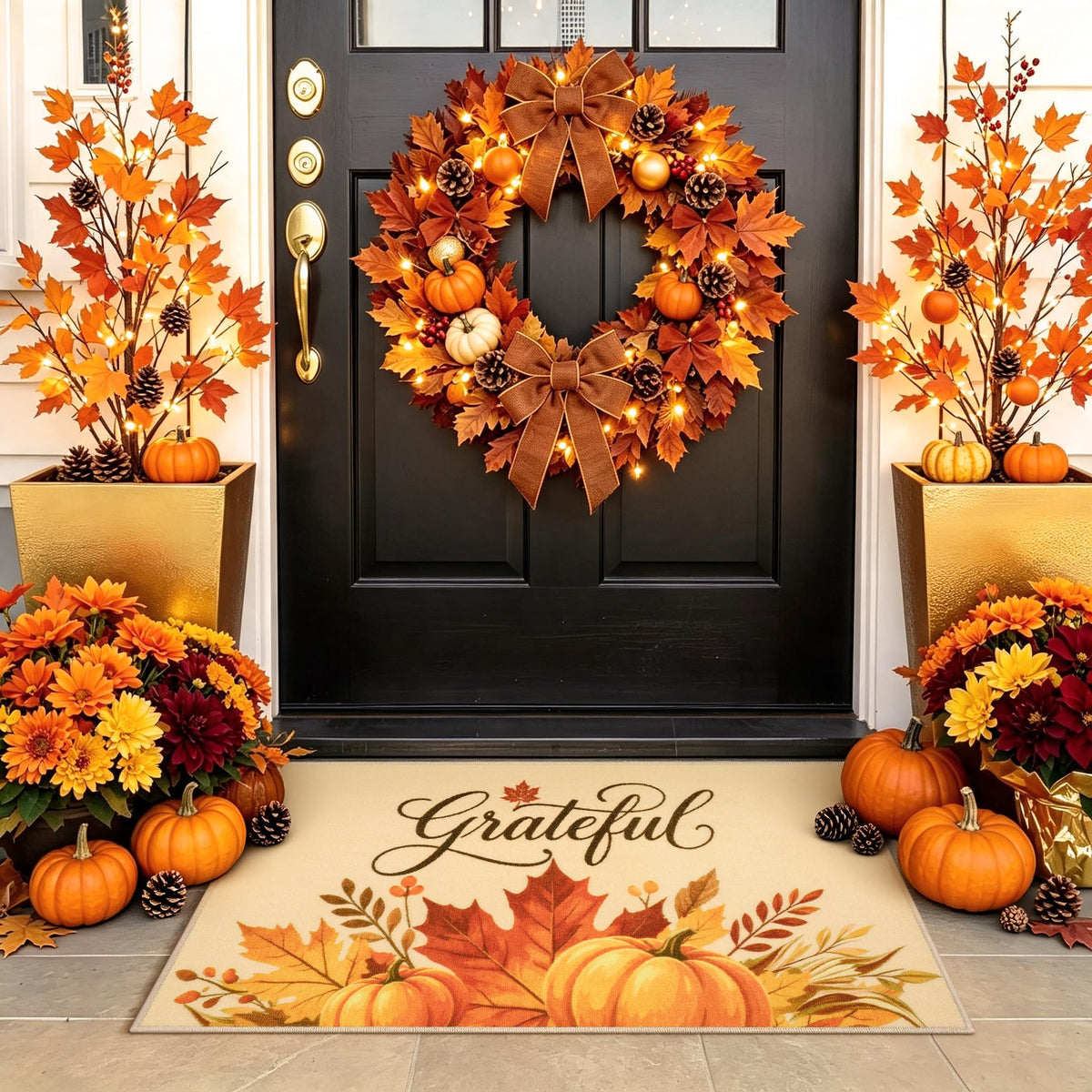 Fall Front Door Mat 3'x5', Hello Pumpkin Welcome Mat for Porch Rugs