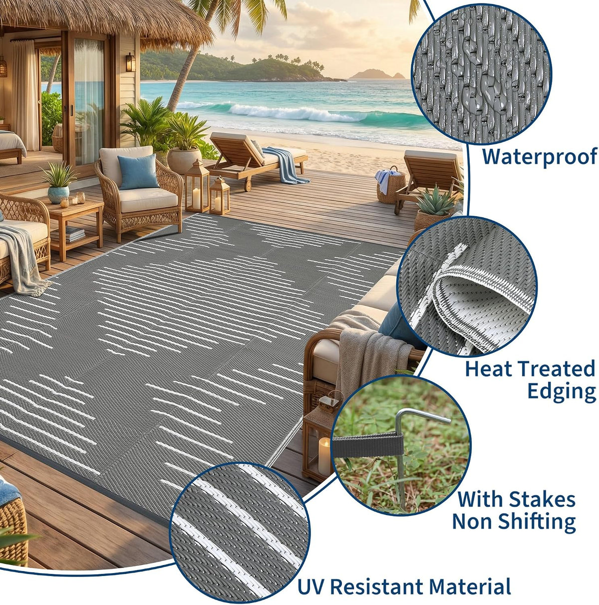 Garvee 10x14 Outdoor Rugs Waterproof for Patio Grey White