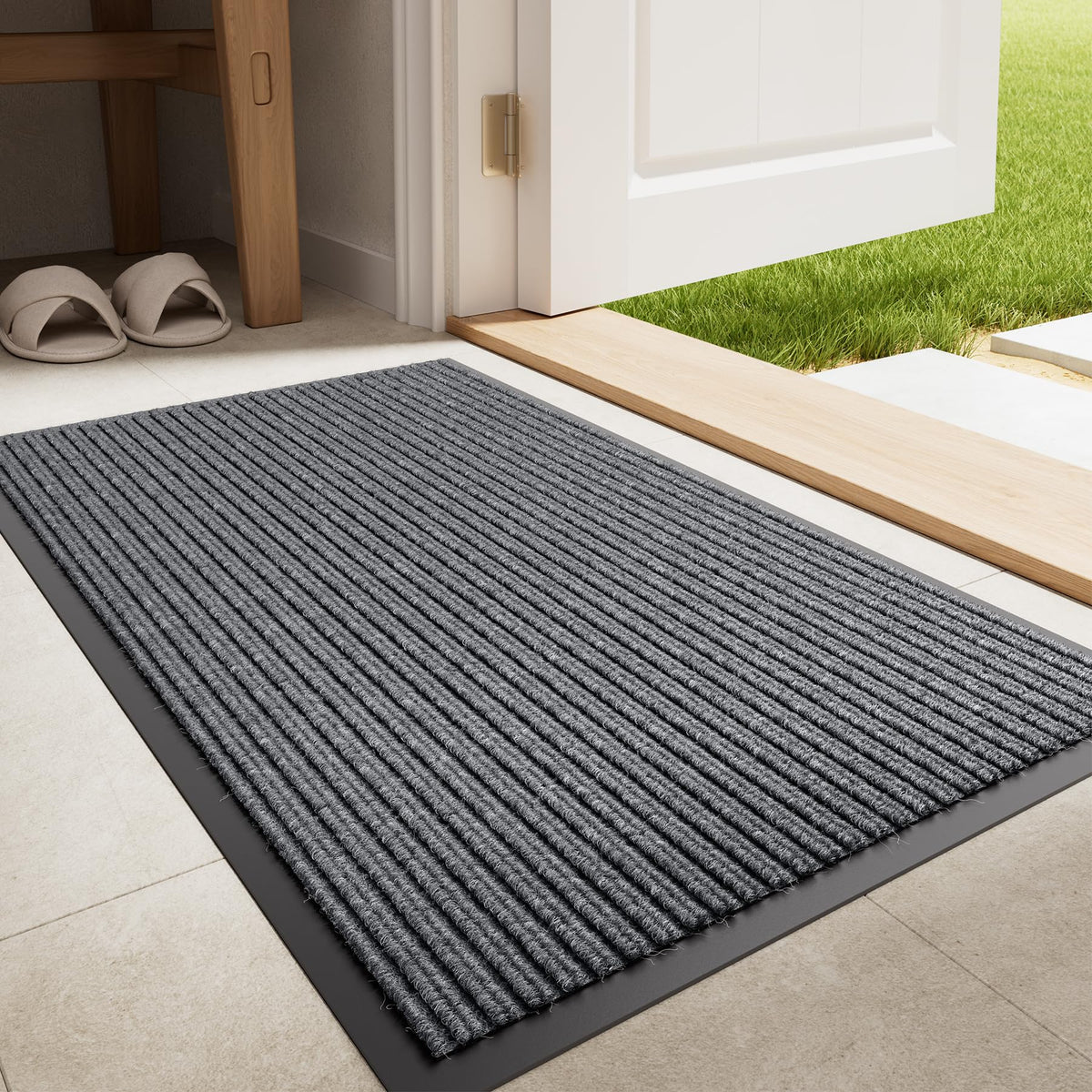 Front Door Mat, 3' x 5' Heavy Duty Door Mat Outside Entrance, Non-Slip Welcome Mat, Absorbent & Dirt Resistant, Low Profile Large Door Mats, Commercial Rugs for Entryway Indoor Outdoor, Grey
