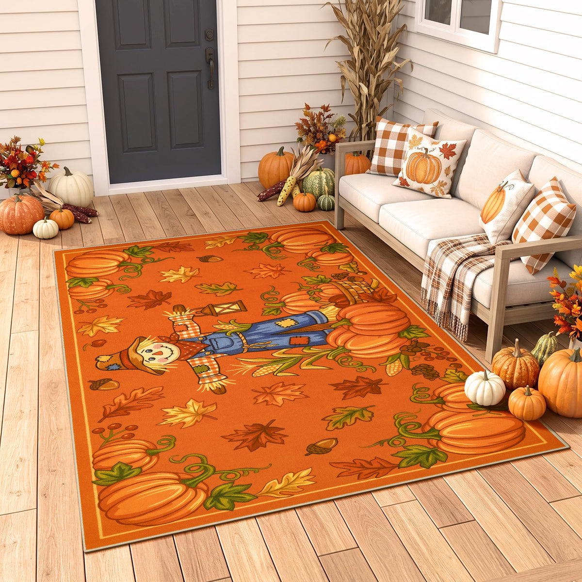 Fall Front Door Mat 3'x5', Hello Pumpkin Welcome Mat for Porch Rugs