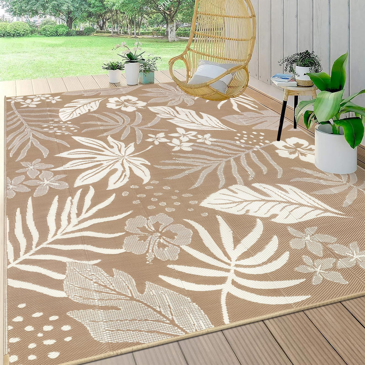 Pauwer Waterproof Outdoor Rug 5x8, Plastic Straw Patio Rug, Leaf Brown
