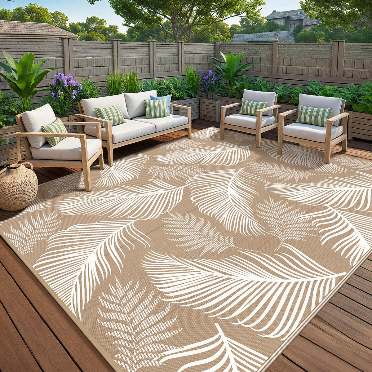 Pauwer Waterproof Outdoor Rug 5x8, Plastic Straw Patio Rug, Leaf Brown