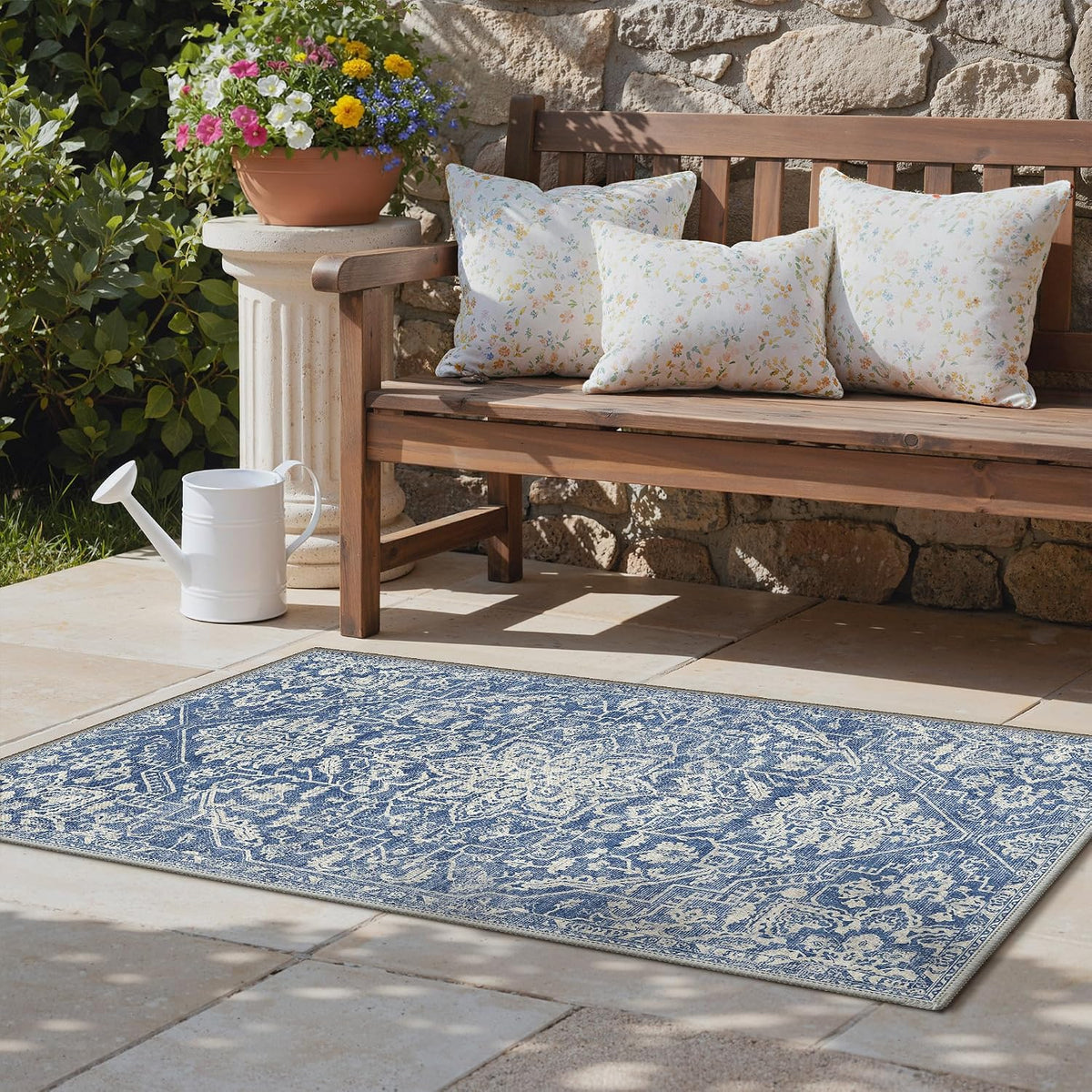 GENIMO 5x8 Outdoor Rug, Washable for Patio and Deck, Navy Blue & Ivory