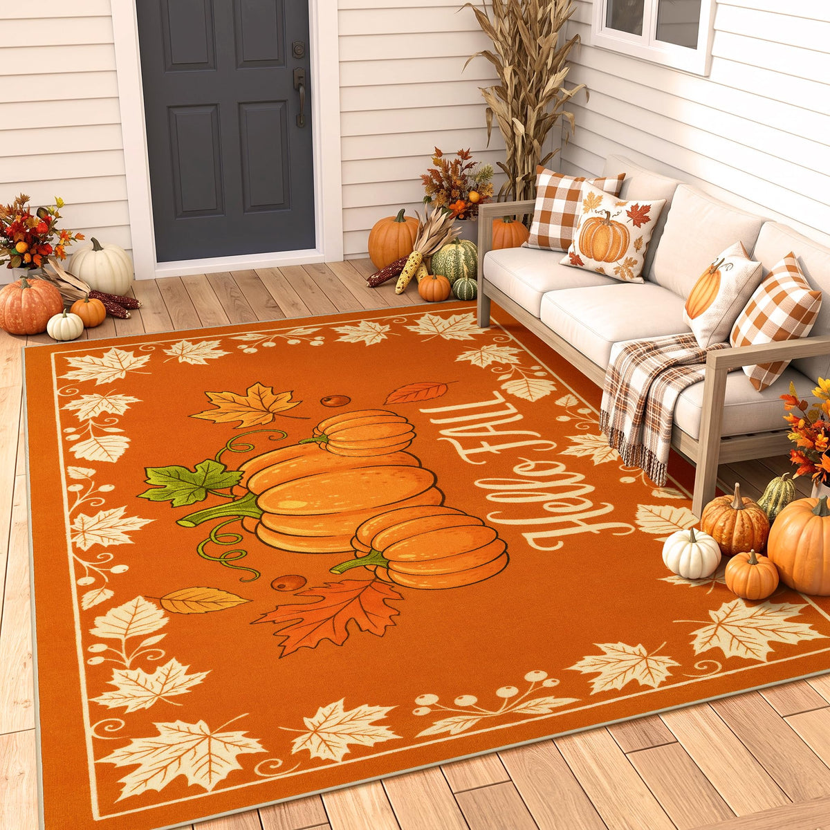 Fall Front Door Mat 3'x5', Hello Pumpkin Welcome Mat for Porch Rugs