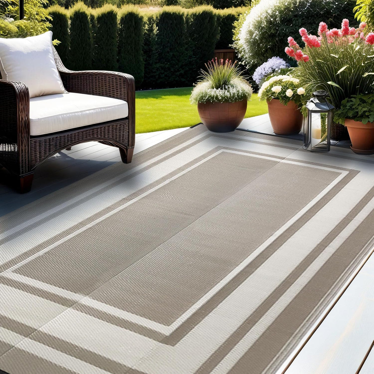 RURALITY Outdoor Rugs 8'x10' Waterproof for Patios Clearance,Plastic Straw Mats for RV, Camping,Backyard,Porch,Deck,Balcony,Reversible,Geometric