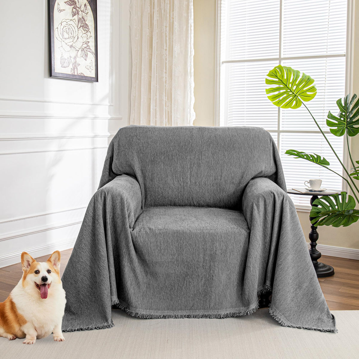MYSKY HOME Couch Cover for Dogs, Washable Couch Covers, Non Slip Sofa Cover, Couch Cover 2 Cushion Sofa Dogs Furniture Protector with Tassels, Chenille Sofa Slipcover for Pets, 71"x118", Dark Grey