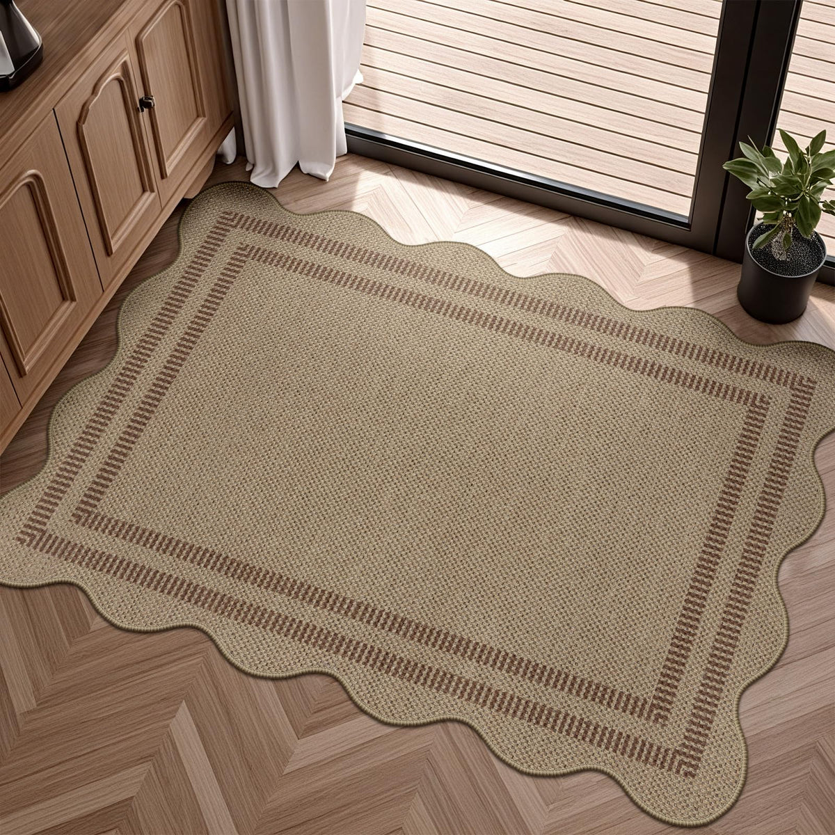 Scalloped Easy Jute 3x5 Front Door Mat, Washable Rugs for Entryway Black Outdoor Patio Rug, Farmhouse Neutral Non Slip Indoor Carpet for Porch Backyard