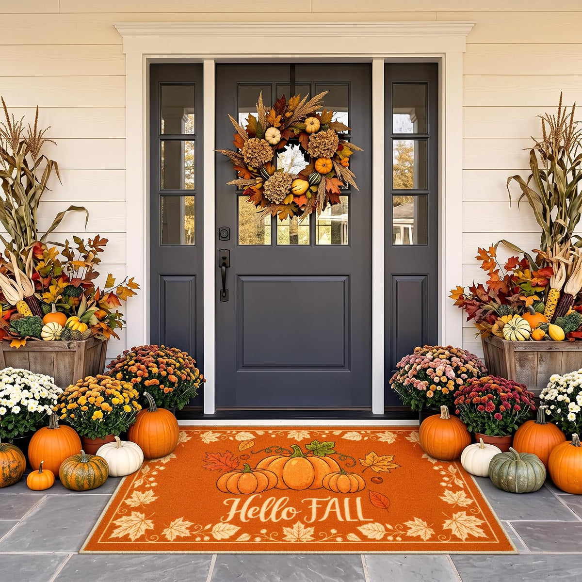 Fall Front Door Mat 3'x5', Hello Pumpkin Welcome Mat for Porch Rugs