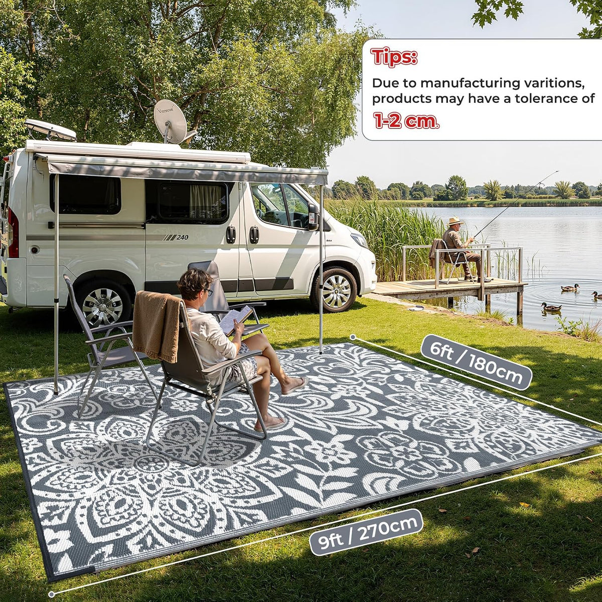 Findosom Waterproof Outdoor Rug 6' x 9' - Reversible Mandala Outdoor Plastic Straw Rug, Durable Foldable Patio Rug for RV, Deck, Balcony, Backyard, Picnic, Porch, Camping, Beach, Gray