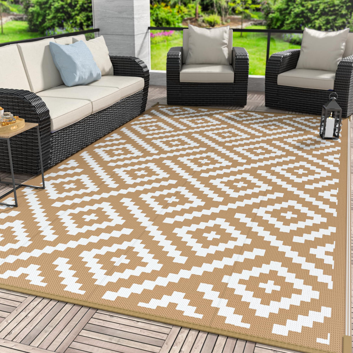 GENIMO Outdoor Rug, Waterproof Plastic Rugs for Patio, 5'x8' Black Grey