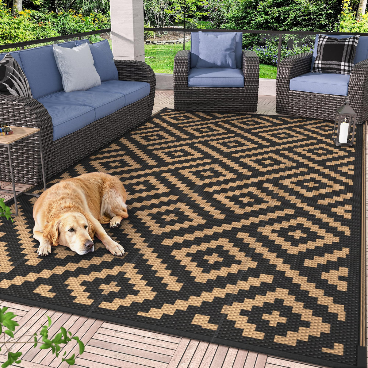 GENIMO Outdoor Rug, Waterproof Plastic Rugs for Patio, 5'x8' Black Grey