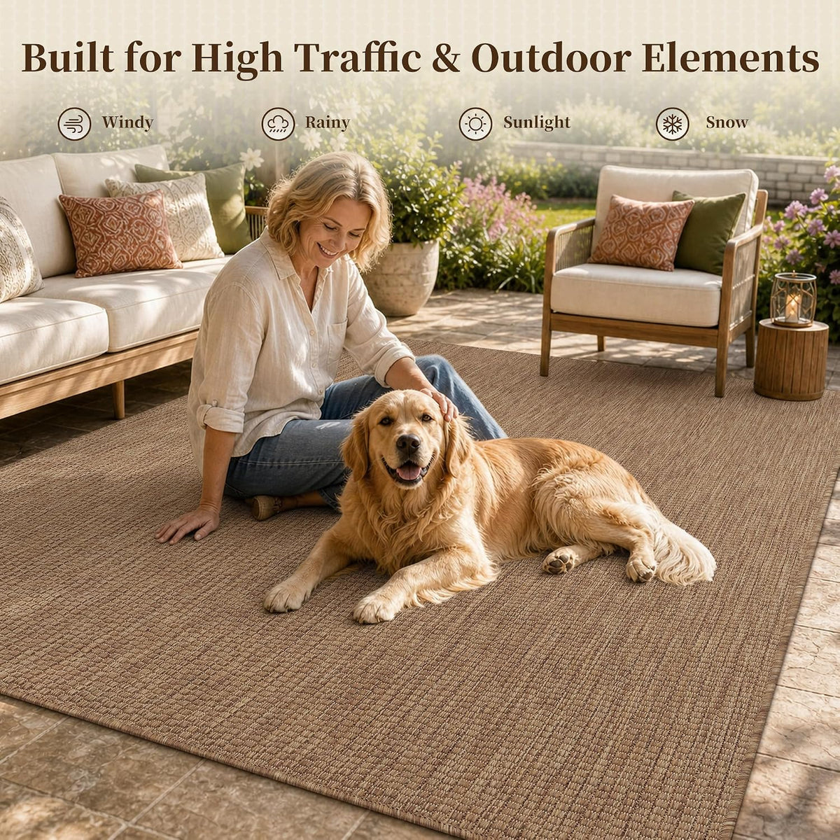 PADOOR-Outdoor Rug-Patio Rug 5x7 ft Polypropylene Indoor Outdoor Rugs Outdoor Carpet for Patio Deck Balcony Porch, Textured Weave, Durable for High Traffic, Fade-Resistant, Modern Neutral Brown