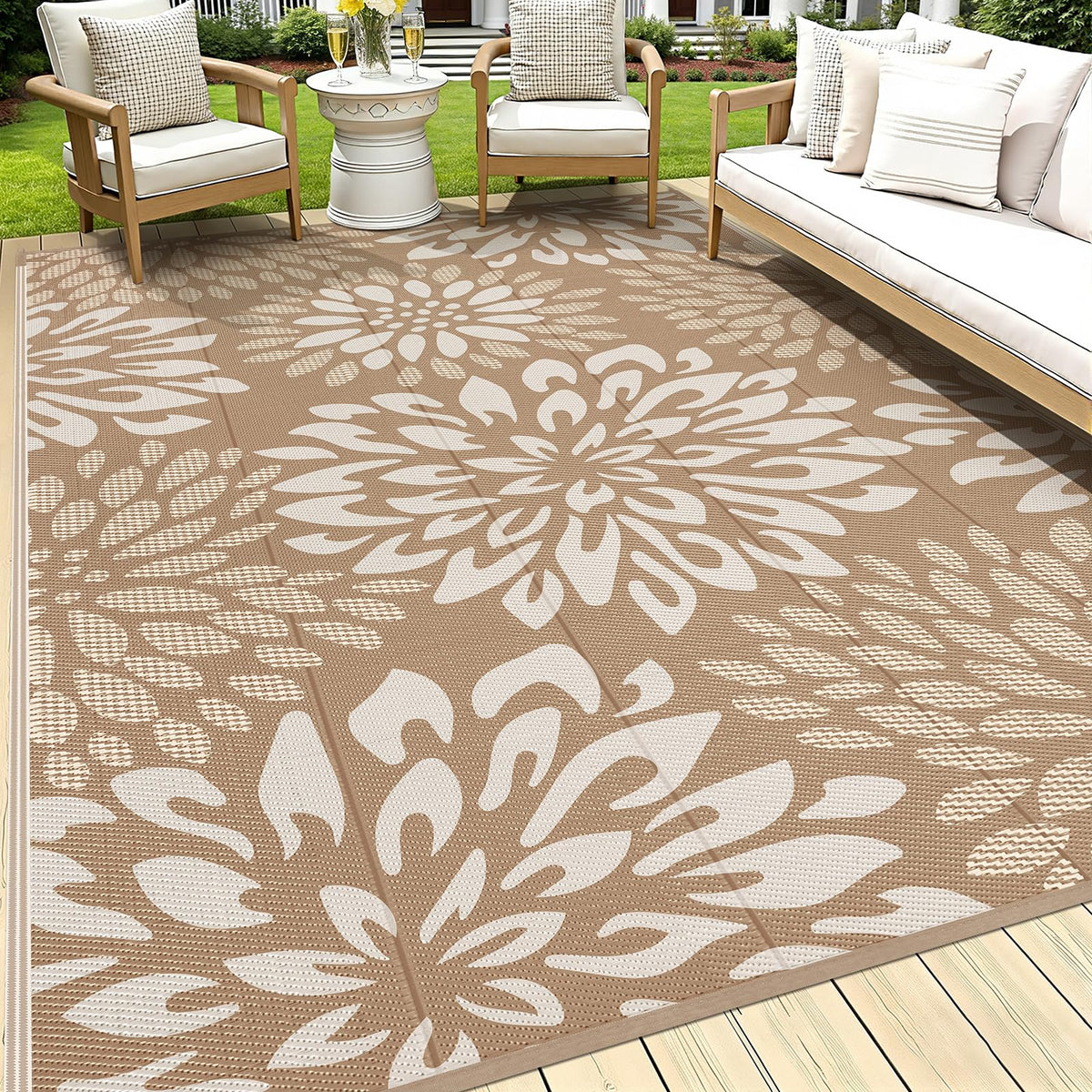 HEBE Waterproof Outdoor Rug 5'x8', Geometric Reversible Plastic Patio Rug