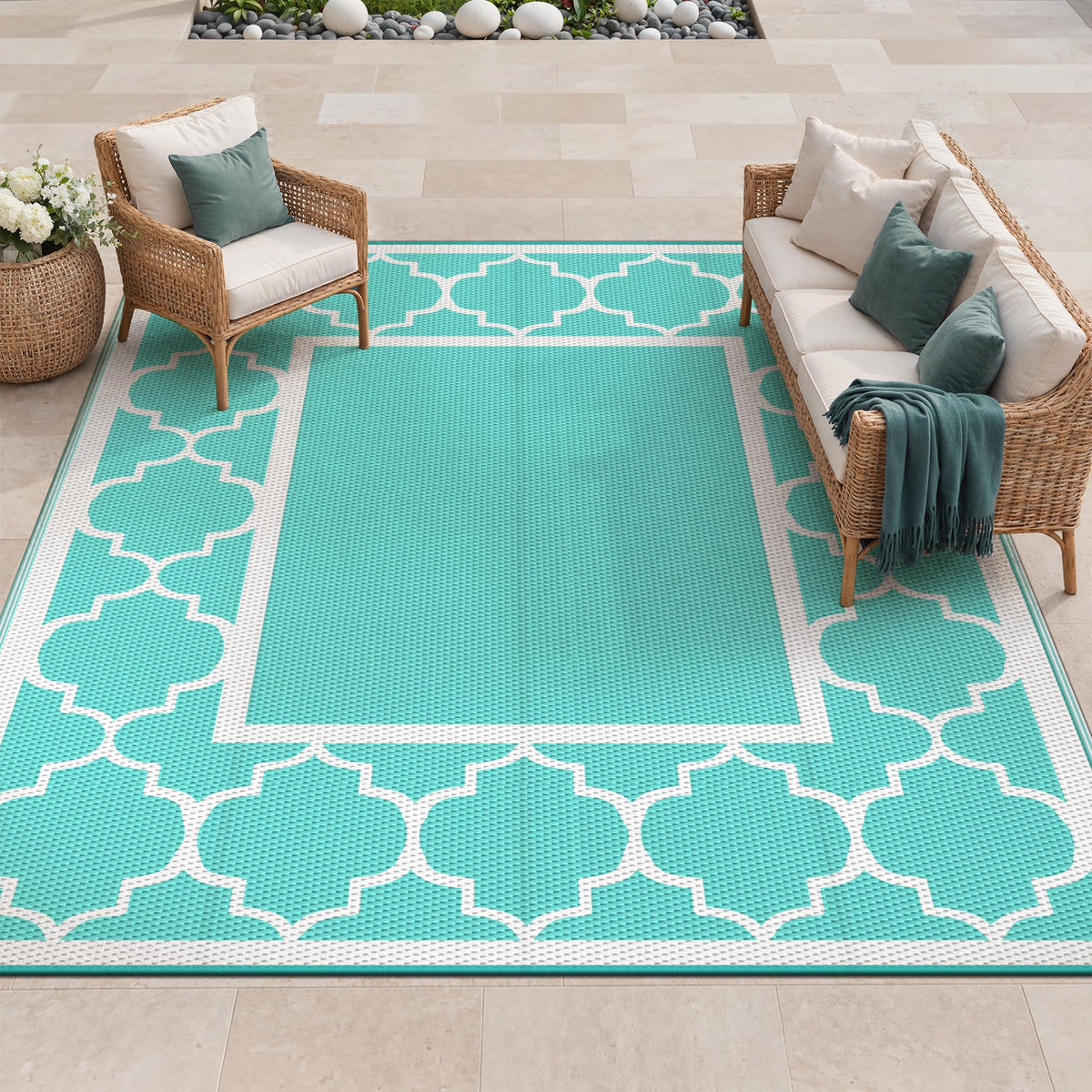 GENIMO Outdoor Rug, Waterproof Plastic Rugs for Patio, 5'x8' Blue White