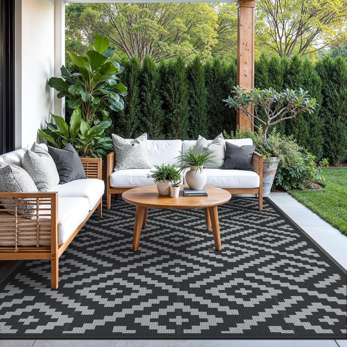 GENIMO Outdoor Rug, Waterproof Plastic Rugs for Patio, 5'x8' Black Grey