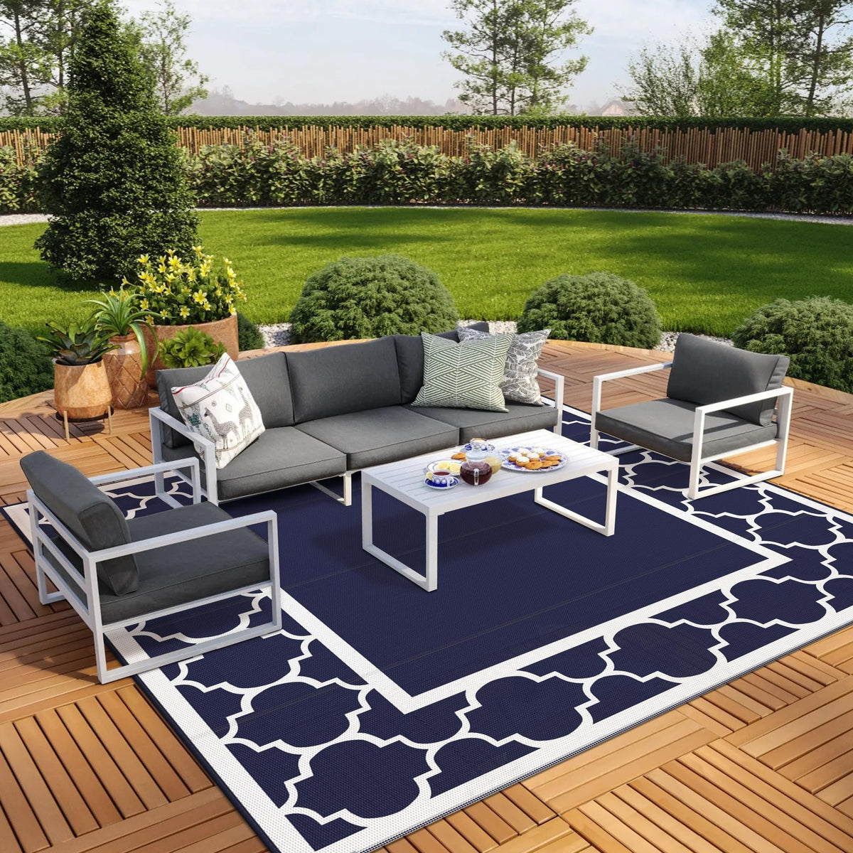 GENIMO Outdoor Rug, Waterproof Plastic Rugs for Patio, 5'x8' Blue White