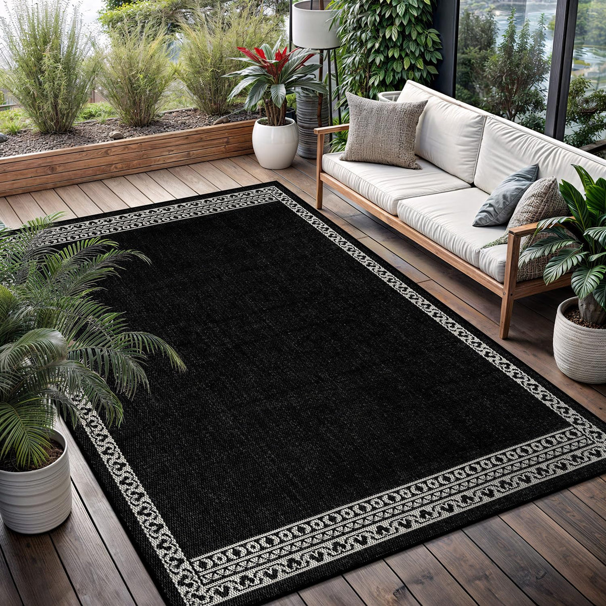 Washable Outdoor Rug 8x10 Modern Area Rugs Outdoor Carpets Bordered Pattern Non Shedding Waterproof Easy Clean Patio Deck Porch Living Room Bedroom Garden RV (8 X 10 Blue)