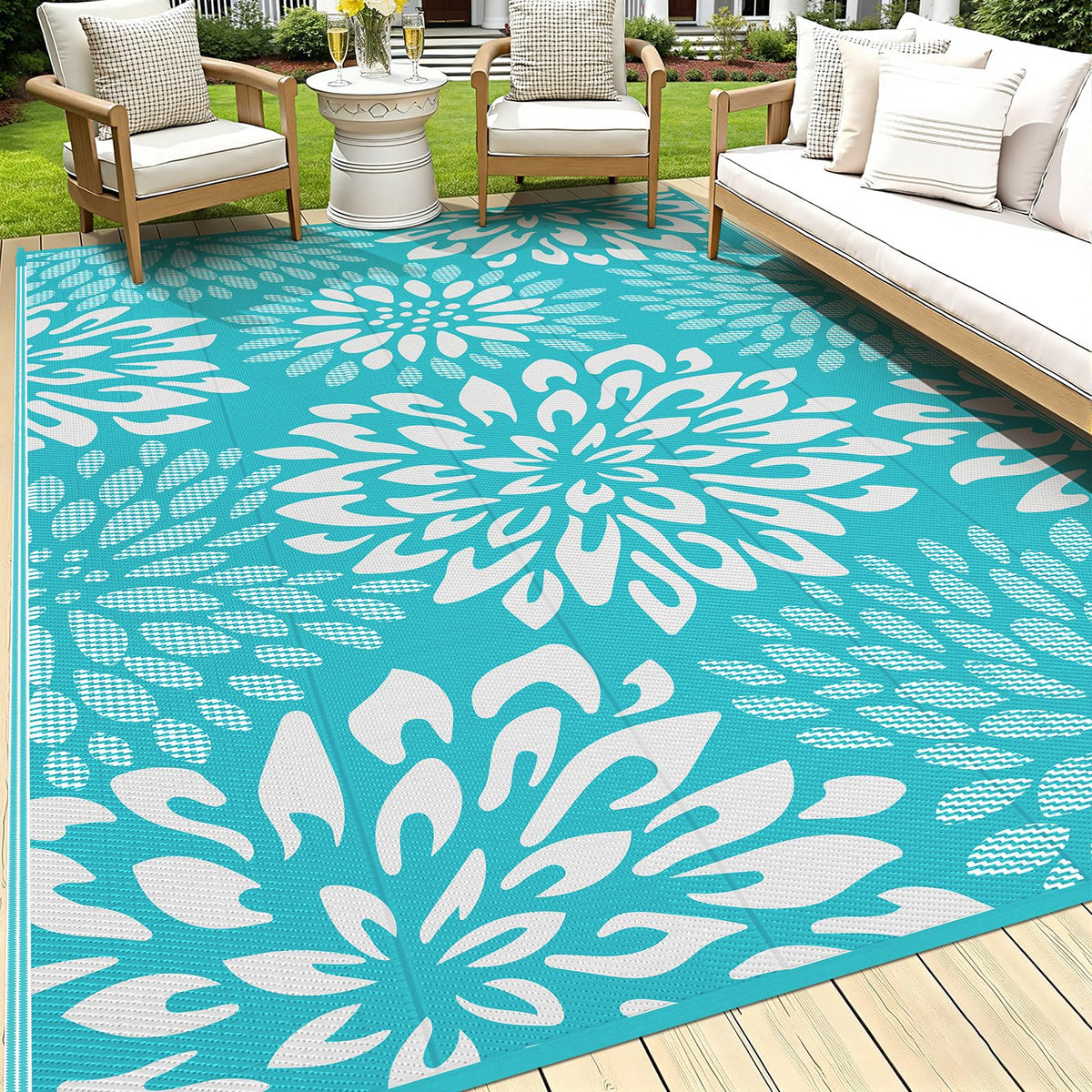 HEBE Waterproof Outdoor Rug 5'x8', Geometric Reversible Plastic Patio Rug