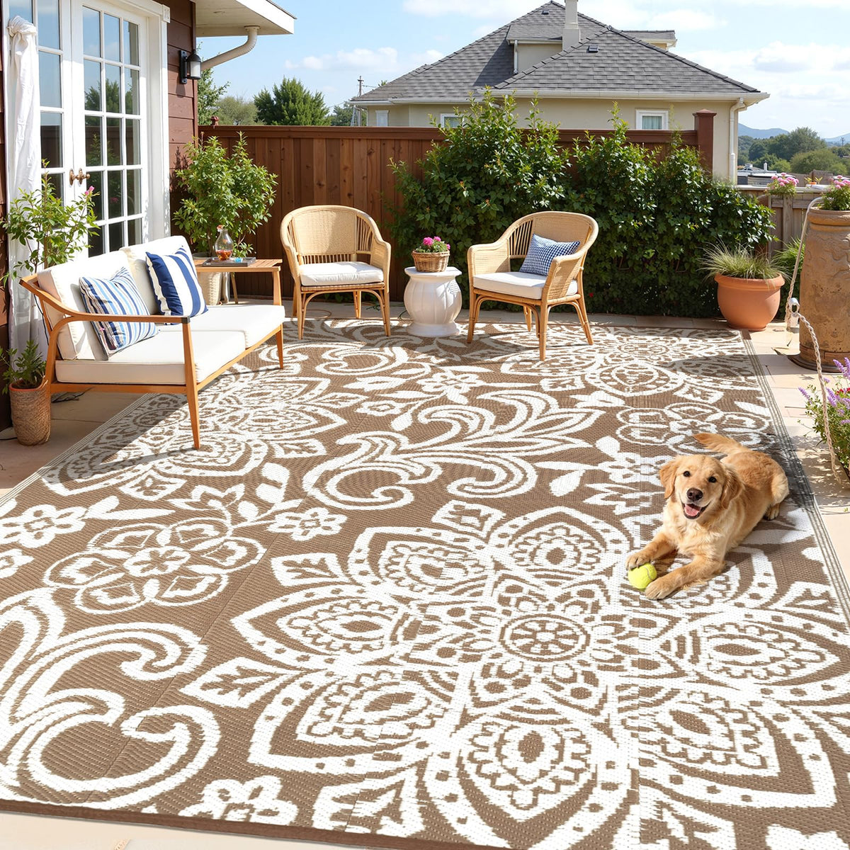 Findosom Waterproof Outdoor Rug 6' x 9' - Reversible Mandala Outdoor Plastic Straw Rug, Durable Foldable Patio Rug for RV, Deck, Balcony, Backyard, Picnic, Porch, Camping, Beach, Gray