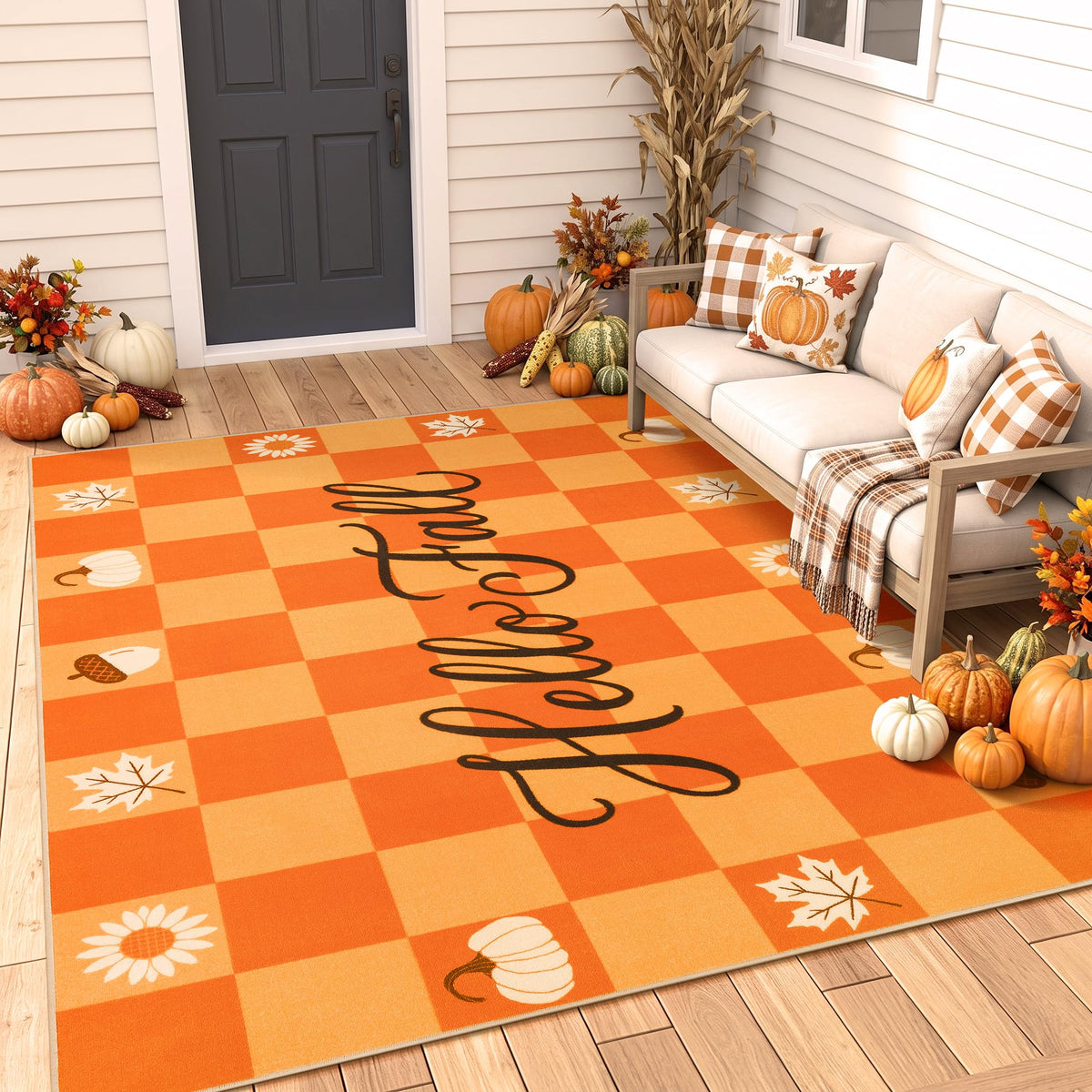 Fall Front Door Mat 3'x5', Hello Pumpkin Welcome Mat for Porch Rugs