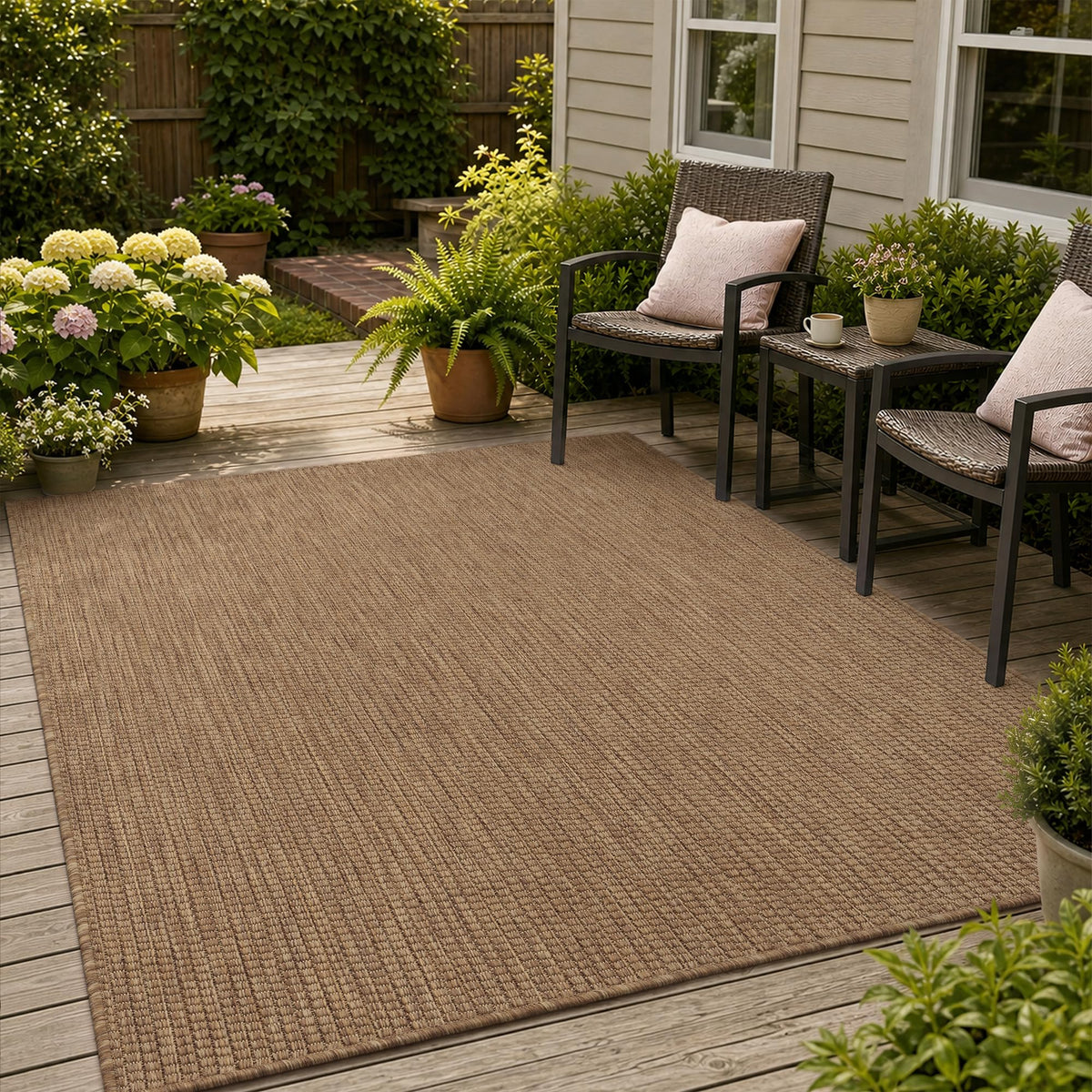 PADOOR-Outdoor Rug-Patio Rug 5x7 ft Polypropylene Indoor Outdoor Rugs Outdoor Carpet for Patio Deck Balcony Porch, Textured Weave, Durable for High Traffic, Fade-Resistant, Modern Neutral Brown